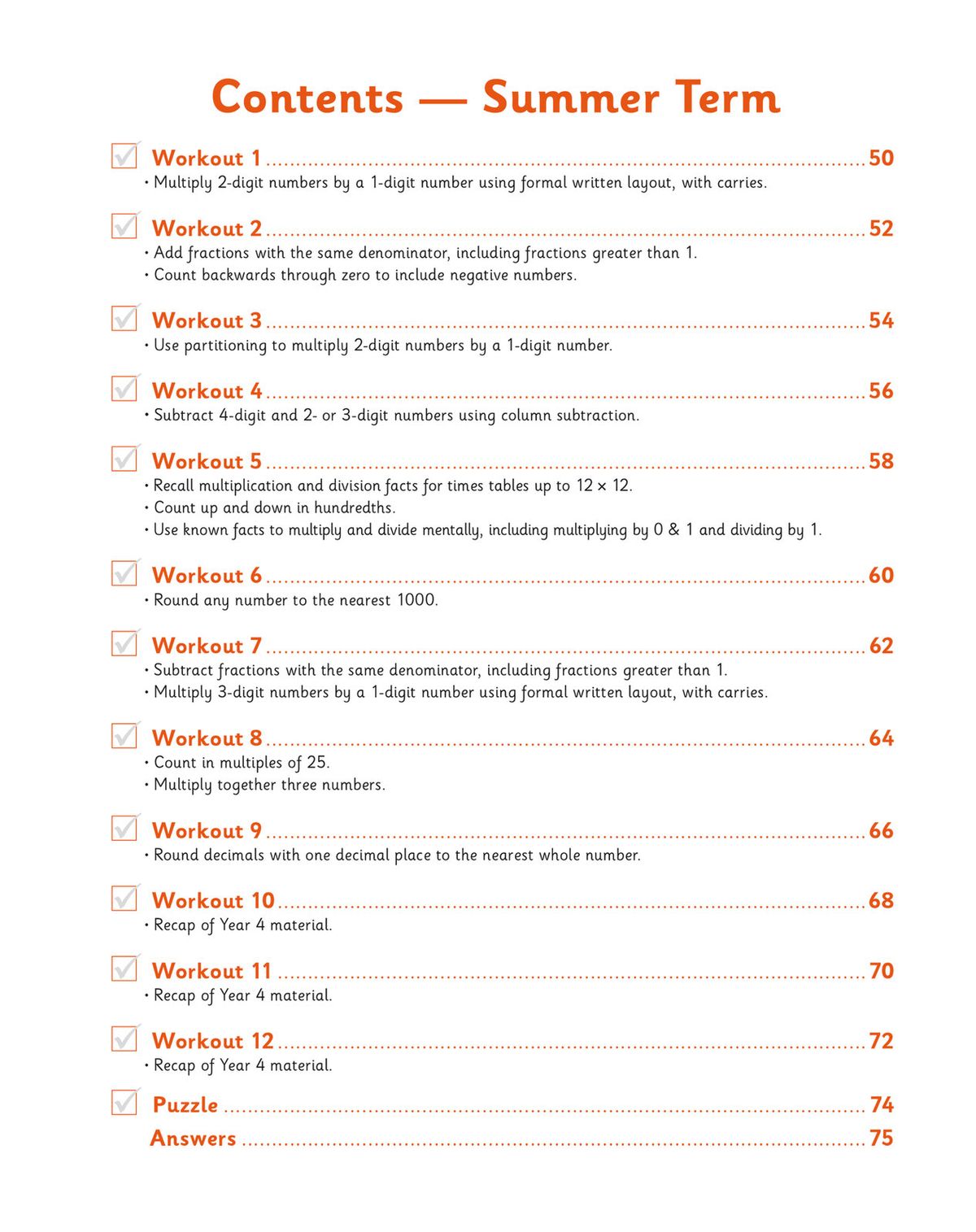 Contents page showing Summer Term workouts