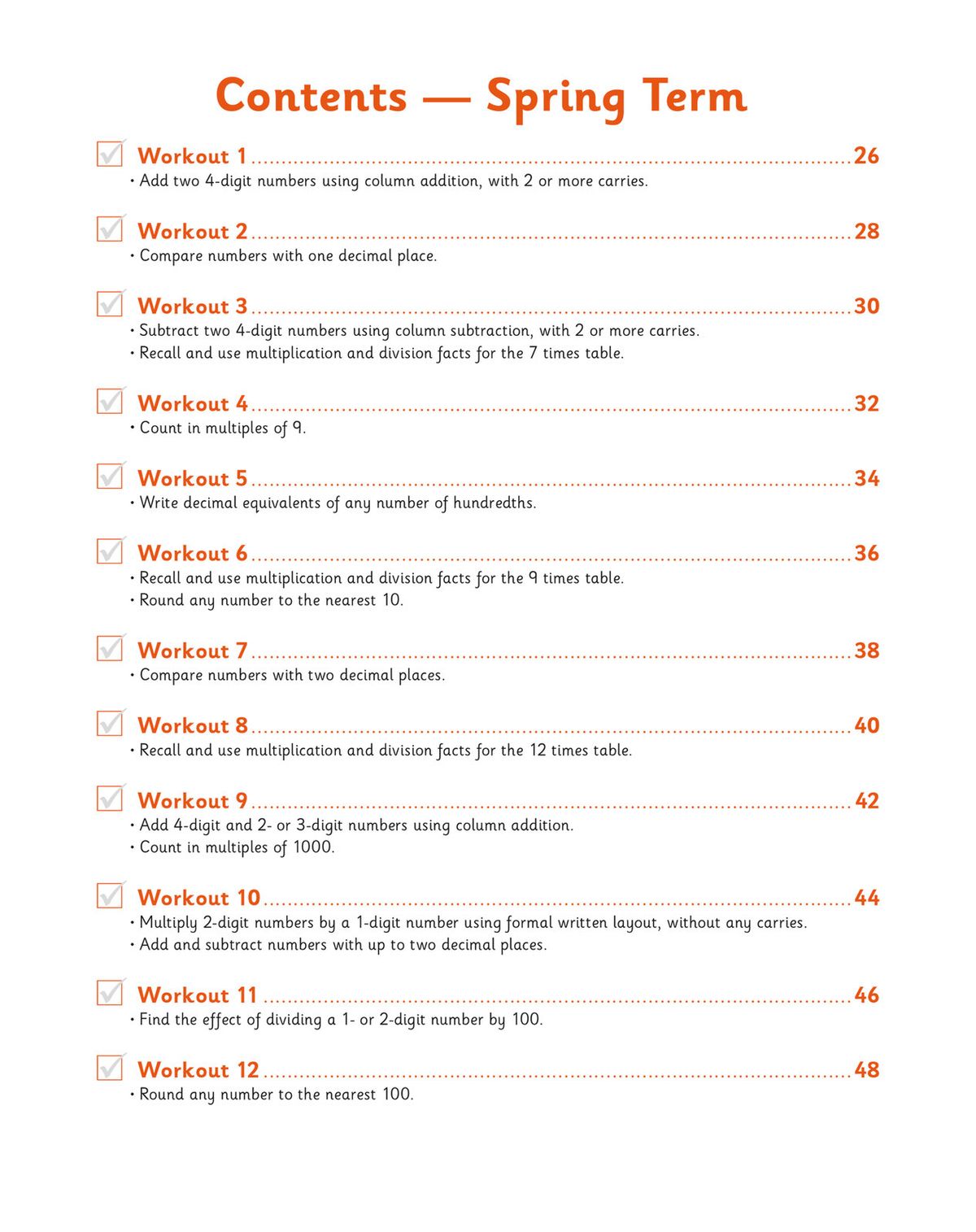 Contents page showing Spring Term workouts