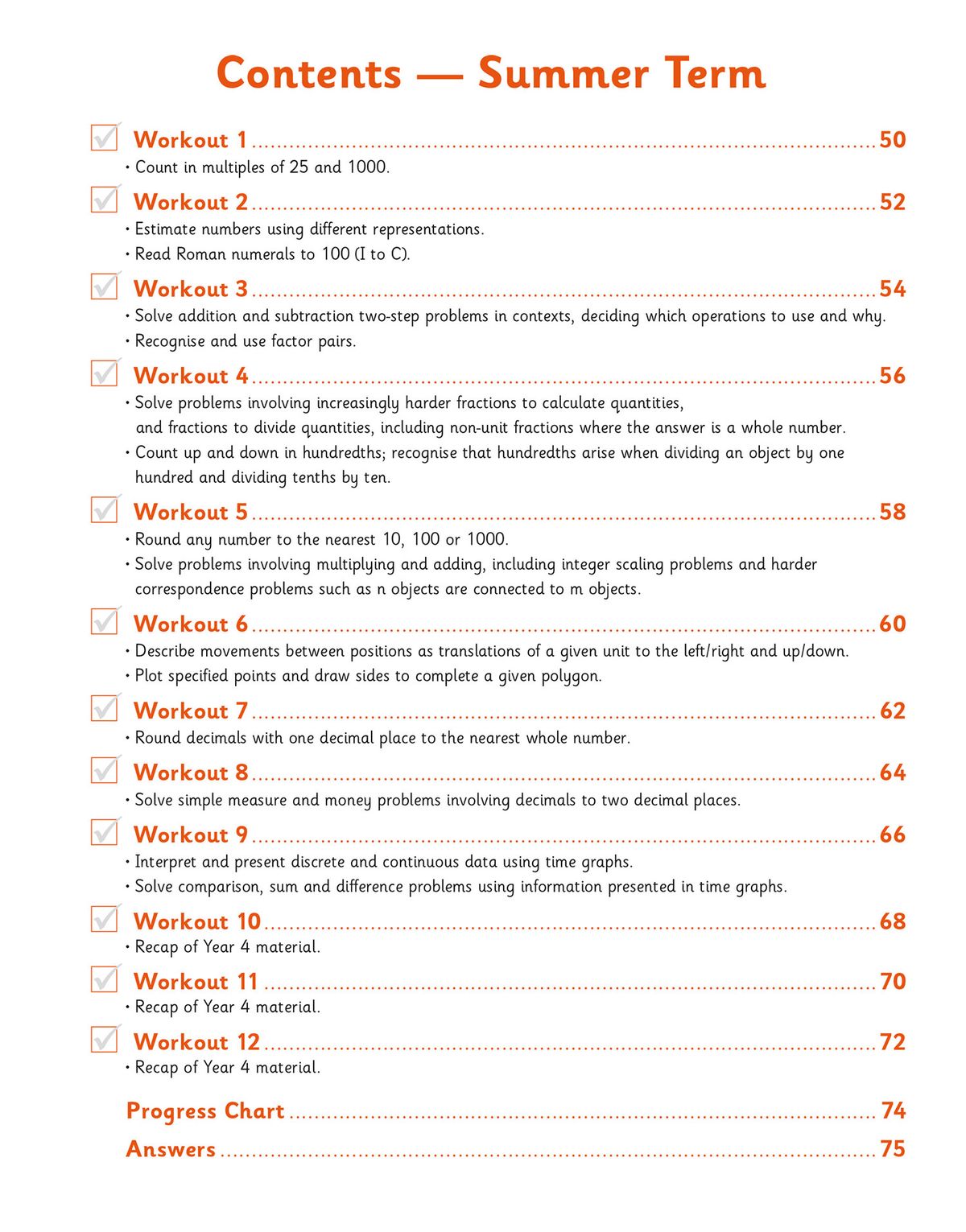 Contents page showing the Summer Term workouts with tick boxes and page numbers