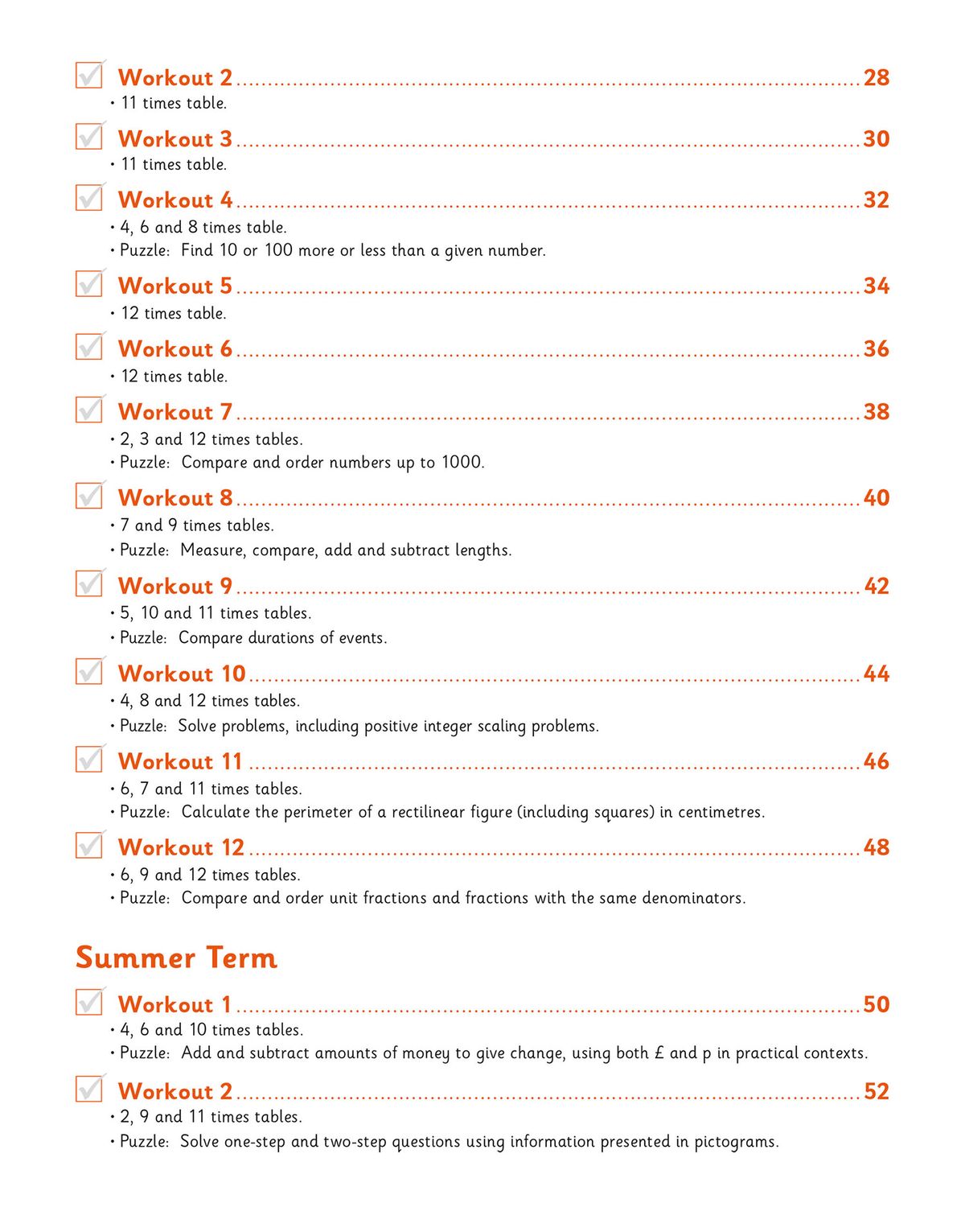 Contents page showing weekly workout structure for Year 4 times tables