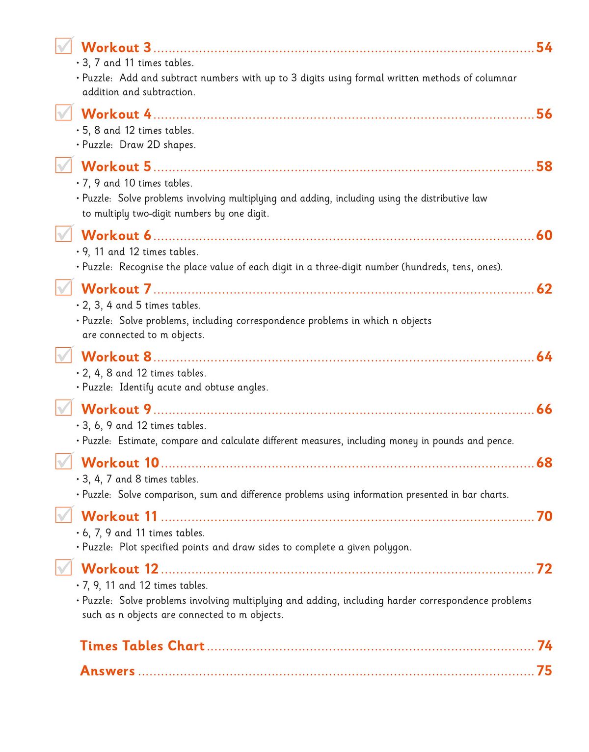 Sample workout pages showing times tables questions and problem-solving tasks