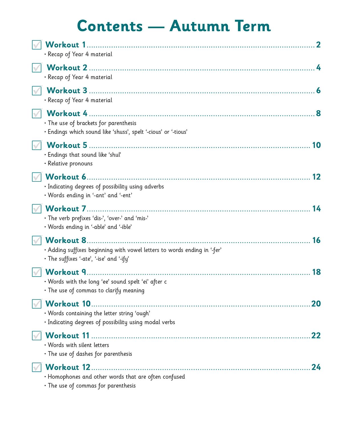 Contents page showing weekly workouts for the Autumn Term