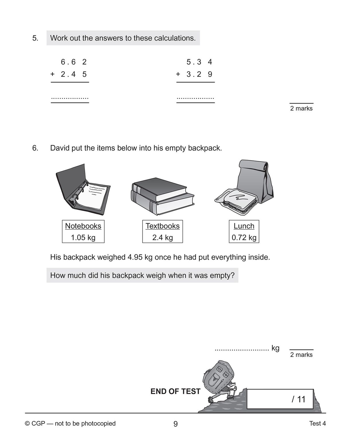 Sample test page showing warm-up questions and addition problems