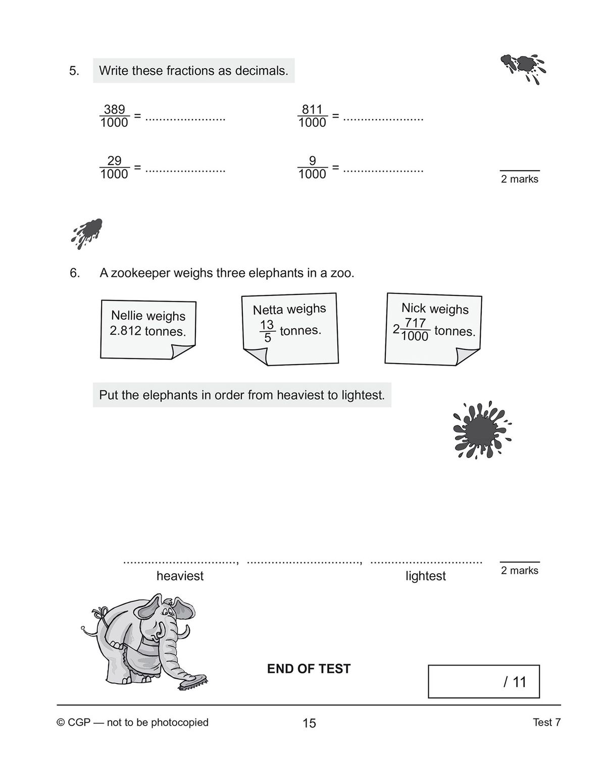 Sample test page showing warm-up questions on fractions, decimals and percentages