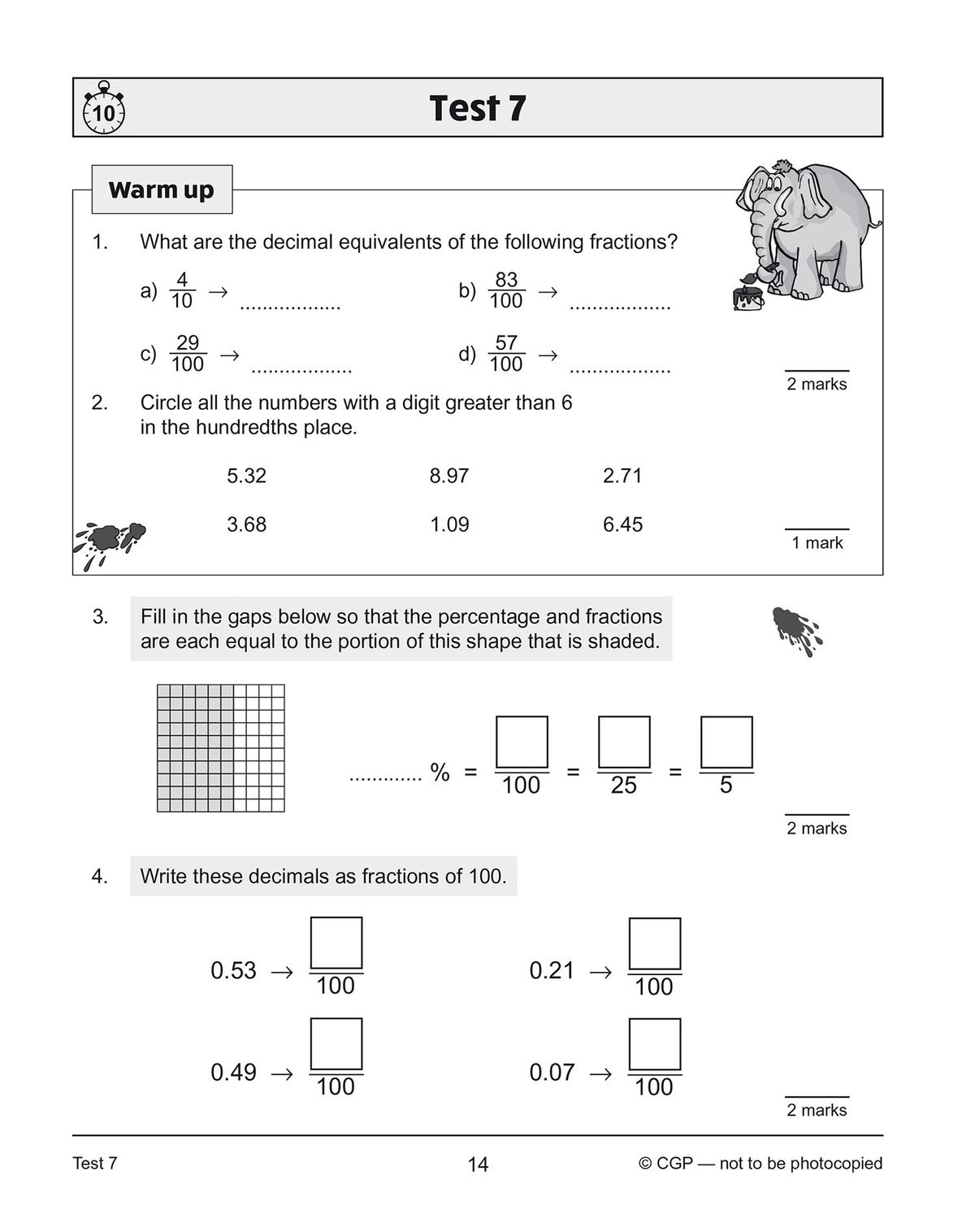 Test page showing questions on converting fractions to decimals and ordering mixed numbers