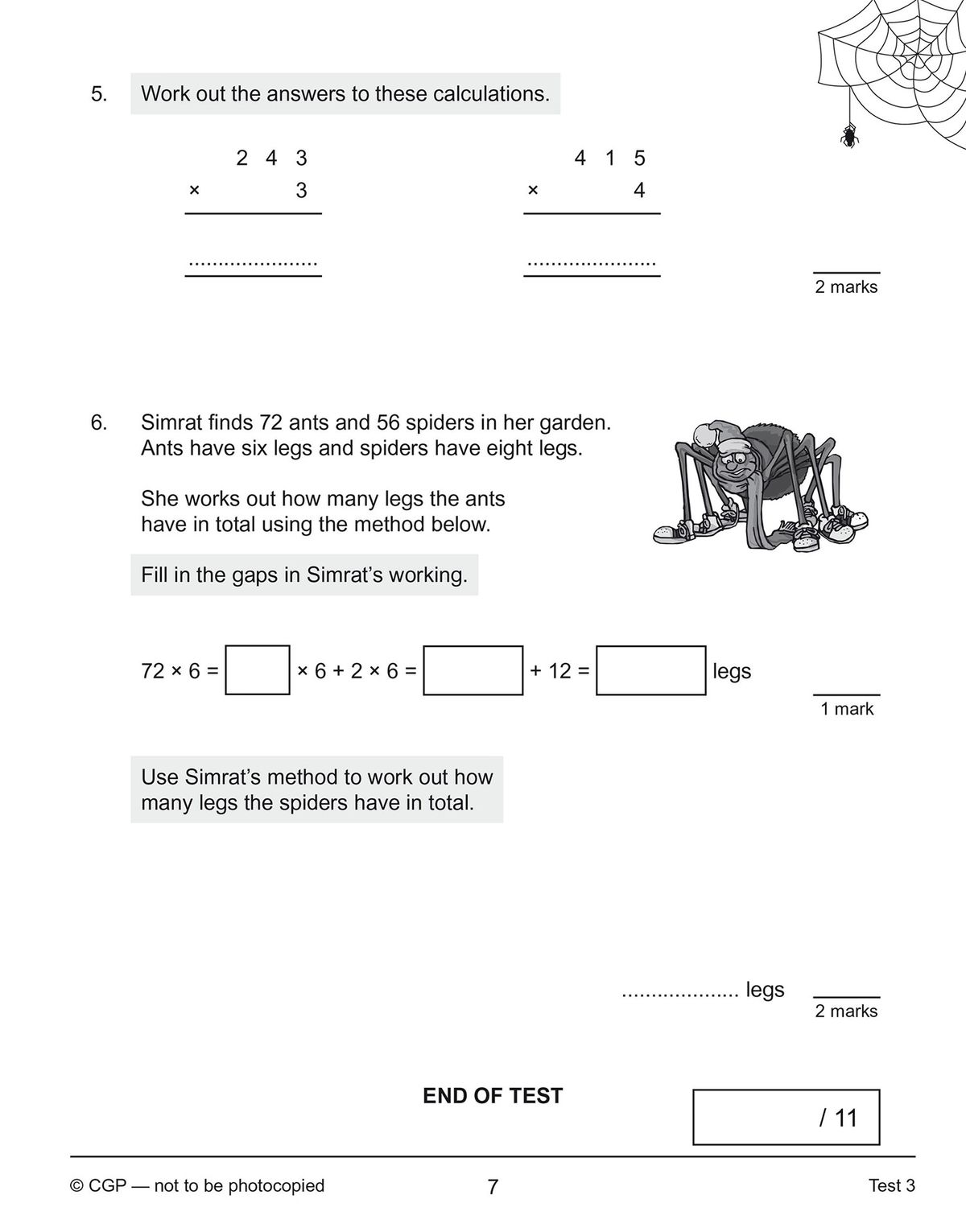 Sample test page showing multiplication and division word problems with spider illustrations