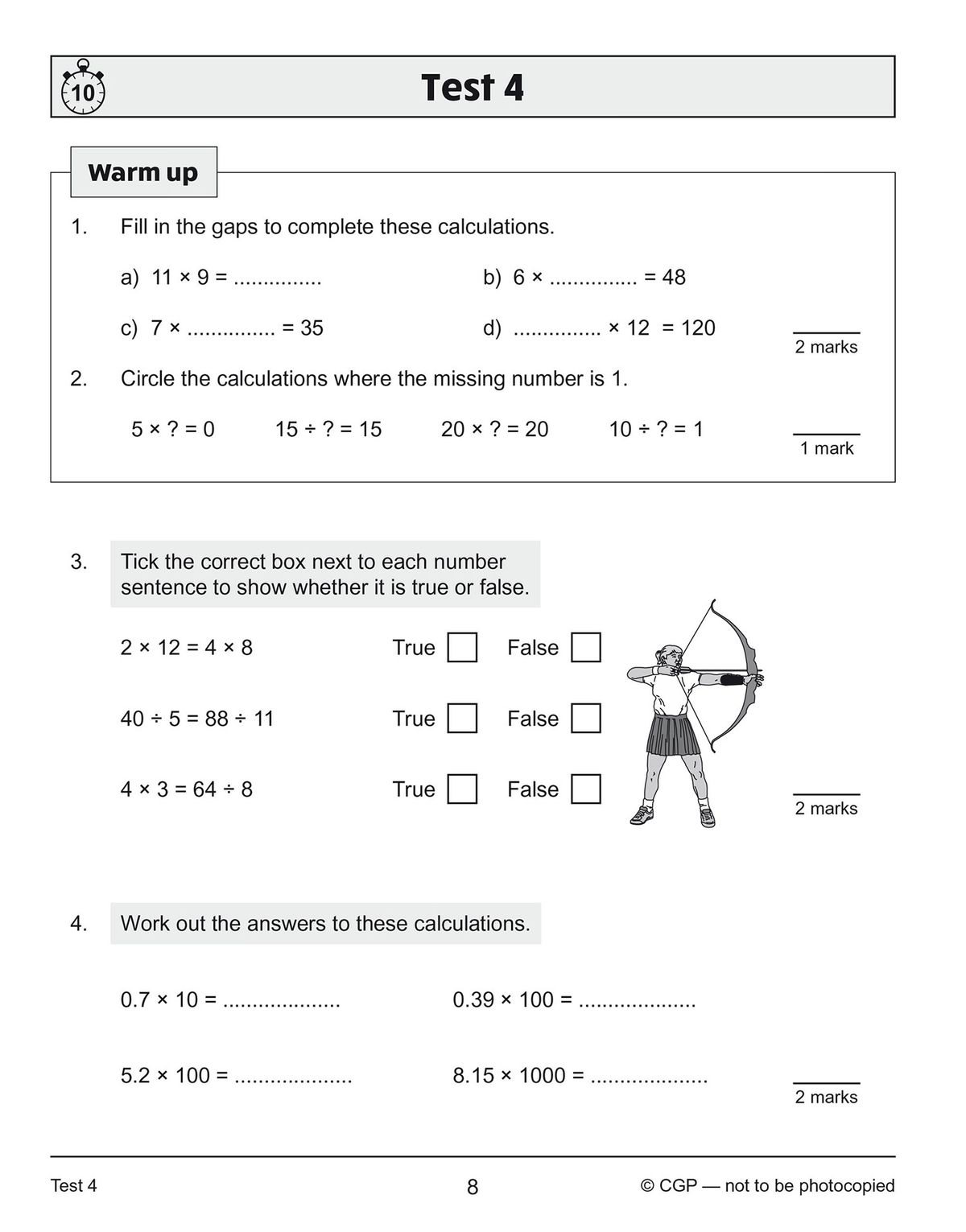 Test page showing warm-up questions and worked multiplication exercises with clear formatting