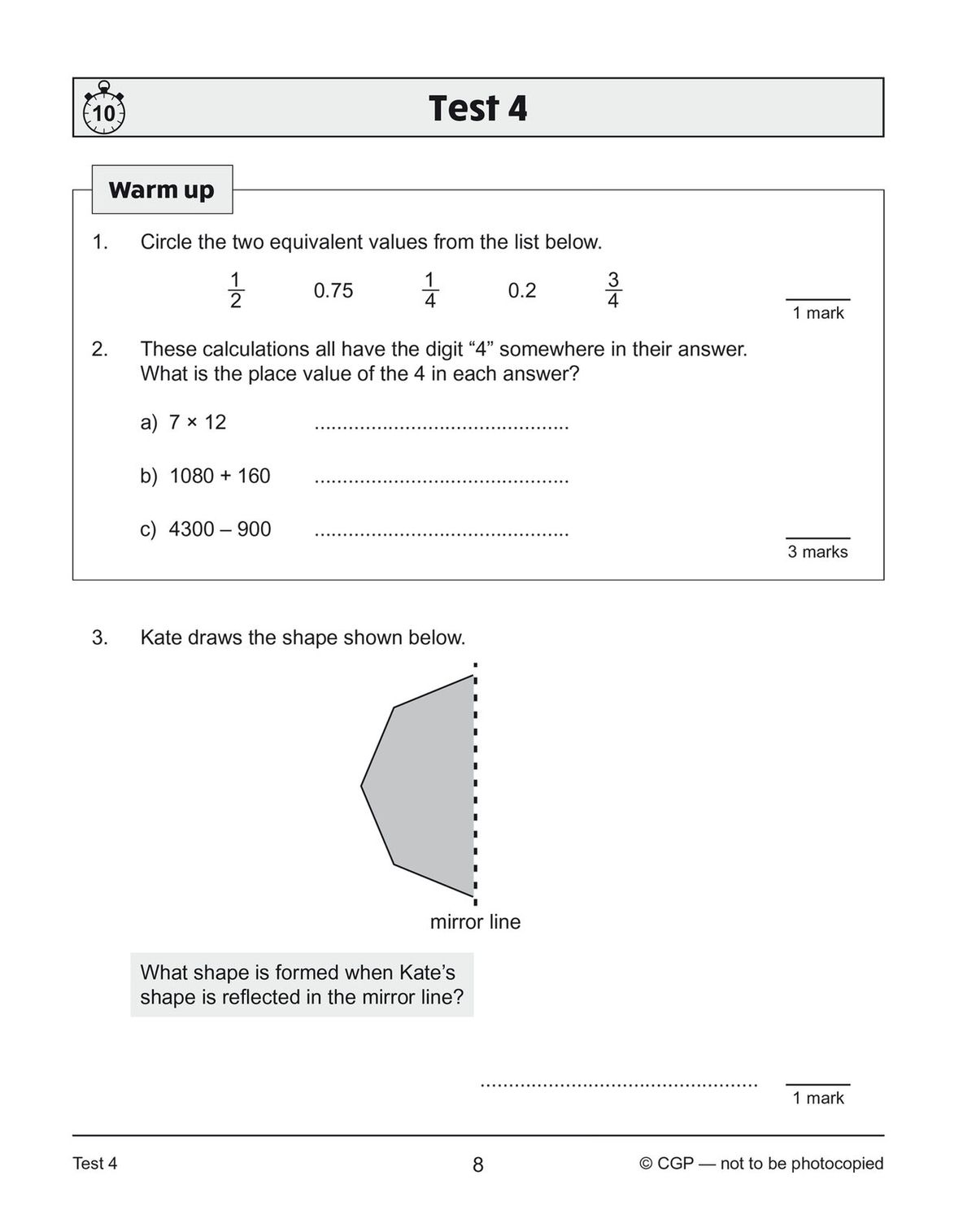 Sample test page showing warm-up questions and problem-solving tasks