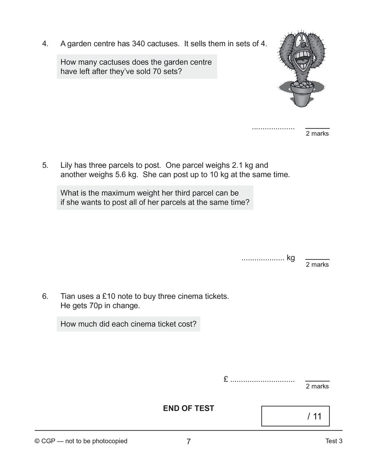 Test page featuring multi-step word problems with space for working out