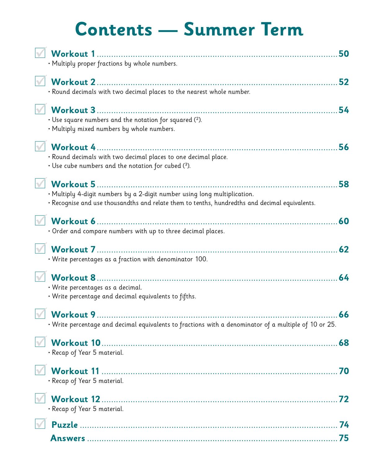 Sample workout page showing arithmetic questions and space for answers