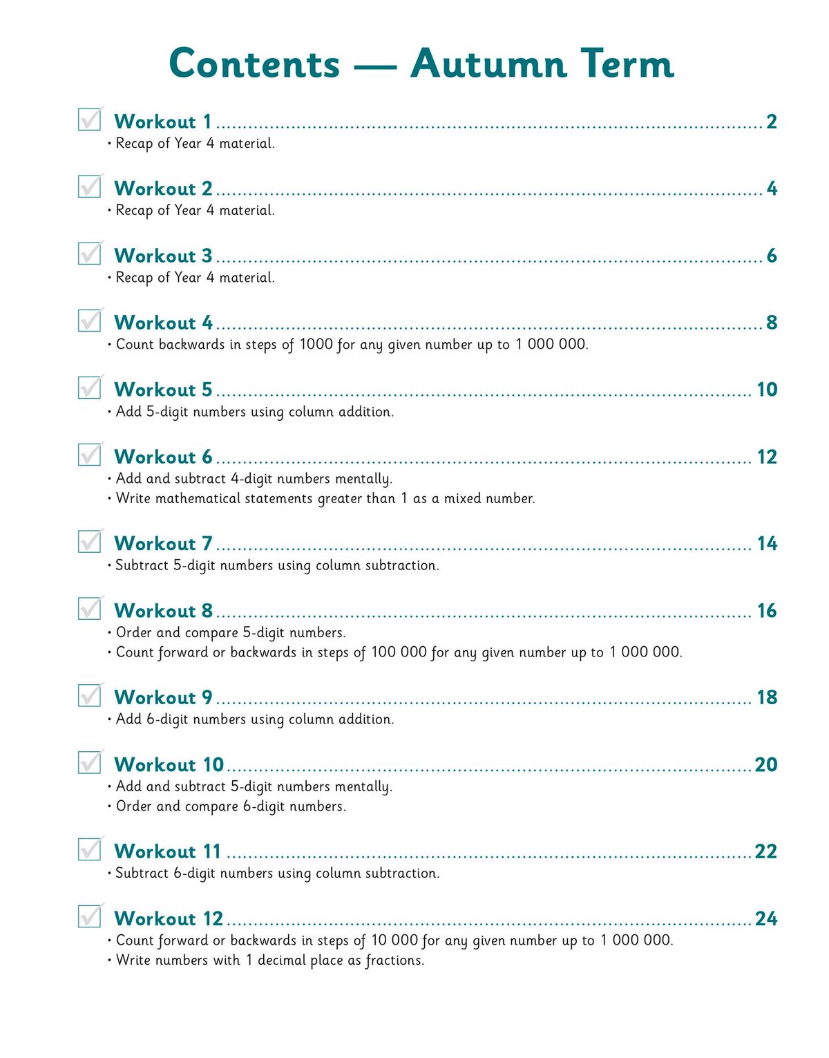 Contents page showing Autumn and Summer term workout topics for Year 5 arithmetic