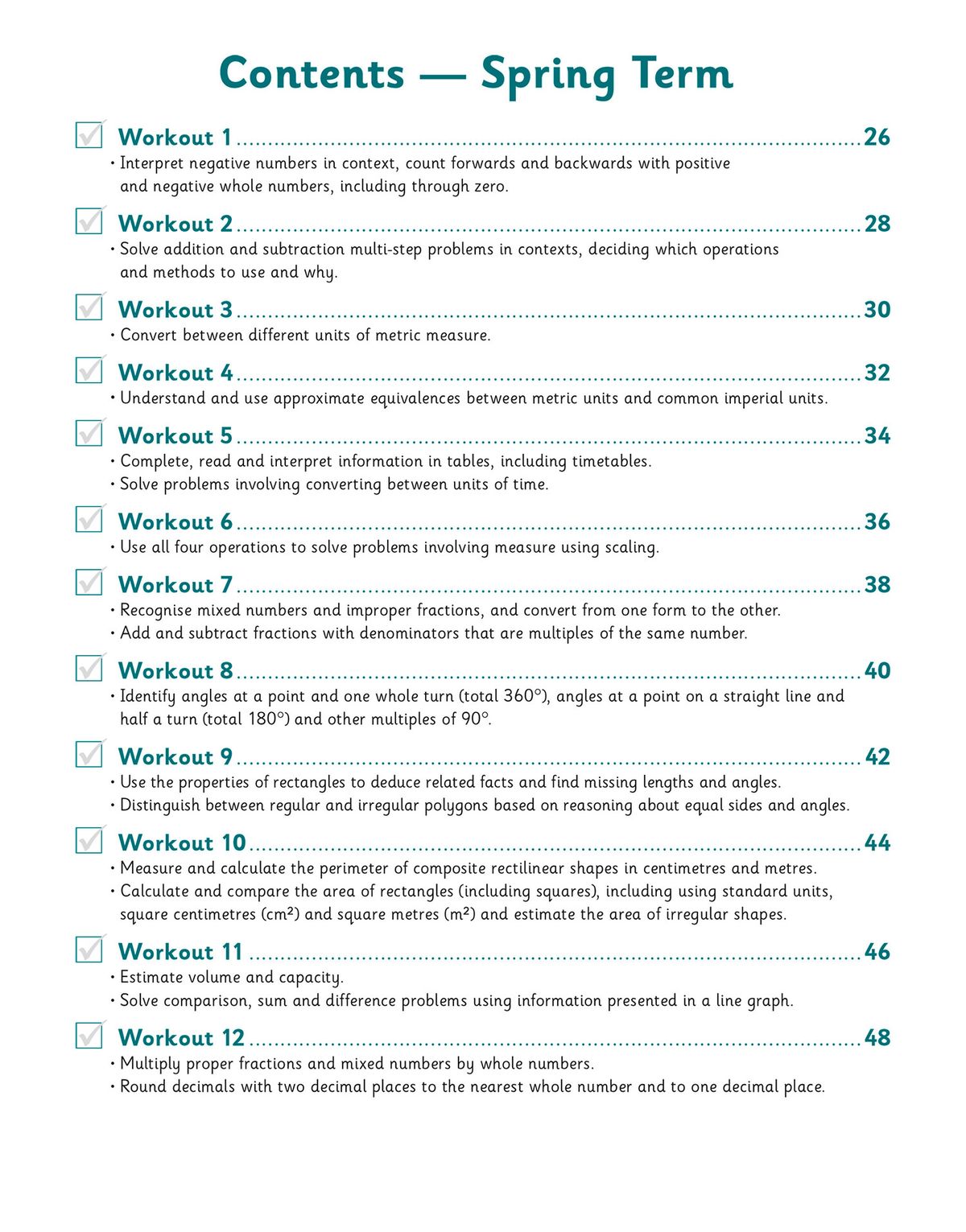 Contents page showing Spring Term workouts with tick boxes and topic descriptions