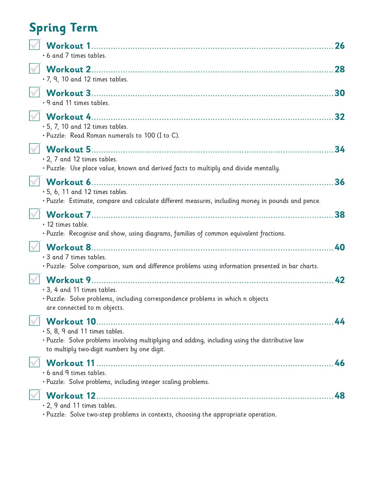 Contents page showing Spring Term workouts with checkboxes and page numbers