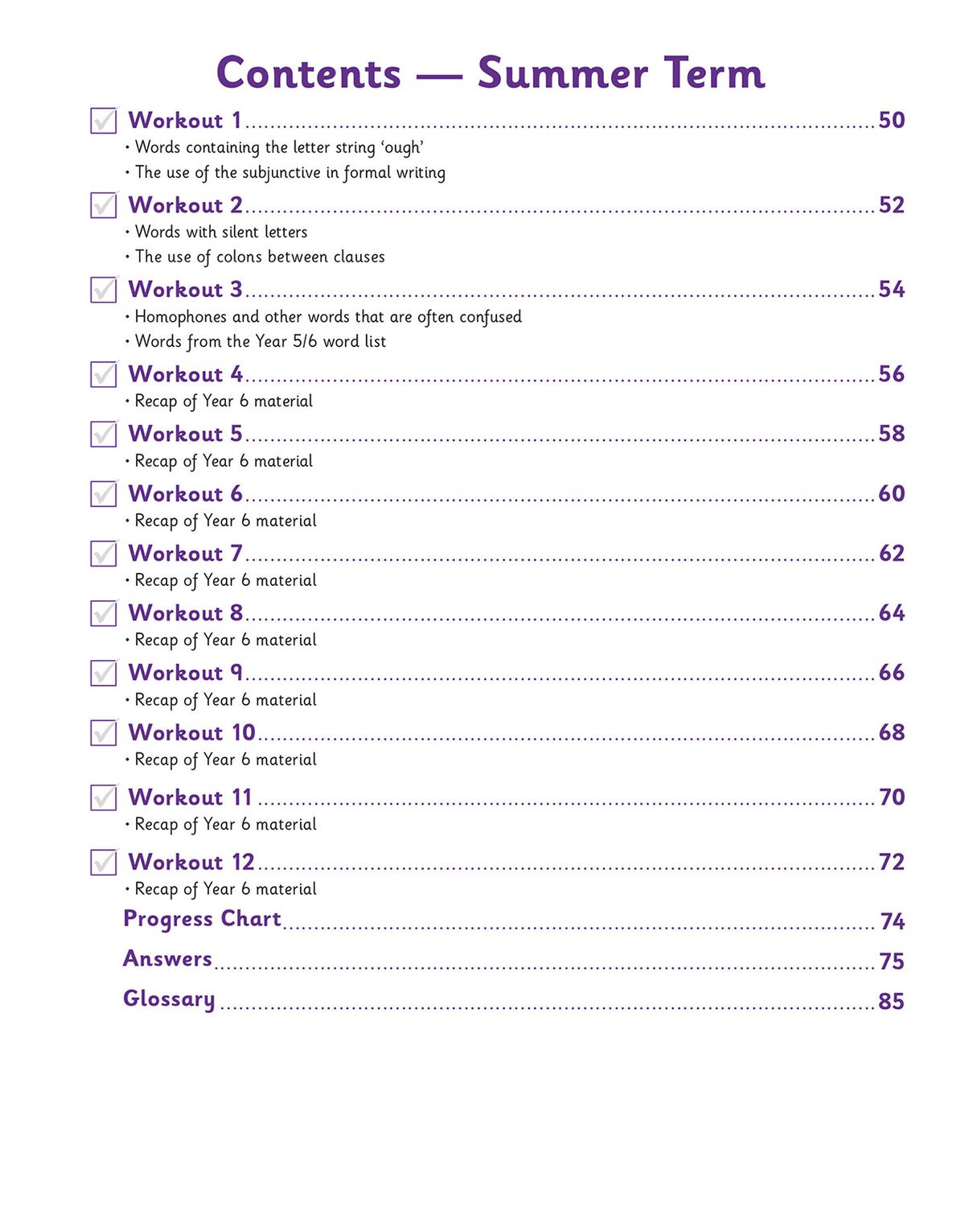 Contents page showing Summer Term workouts with topics such as subjunctive in formal writing, homophones and recap material
