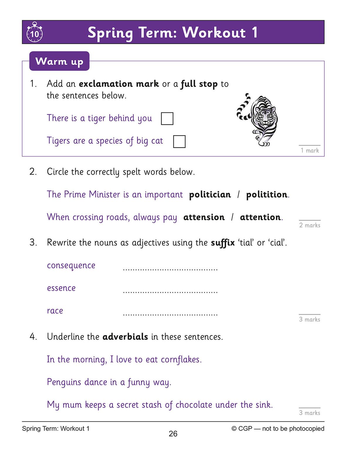 Sample Spring Term workout page showing warm-up questions on punctuation, spelling and grammar with marks allocated
