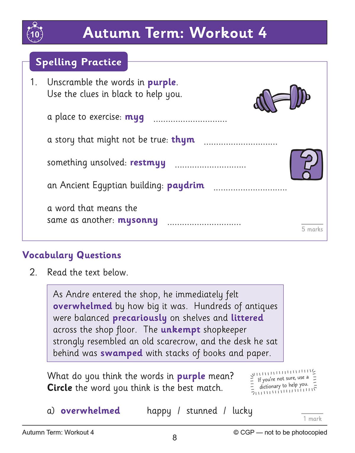 Sample autumn term workout page showing spelling practice with word scrambles and vocabulary questions
