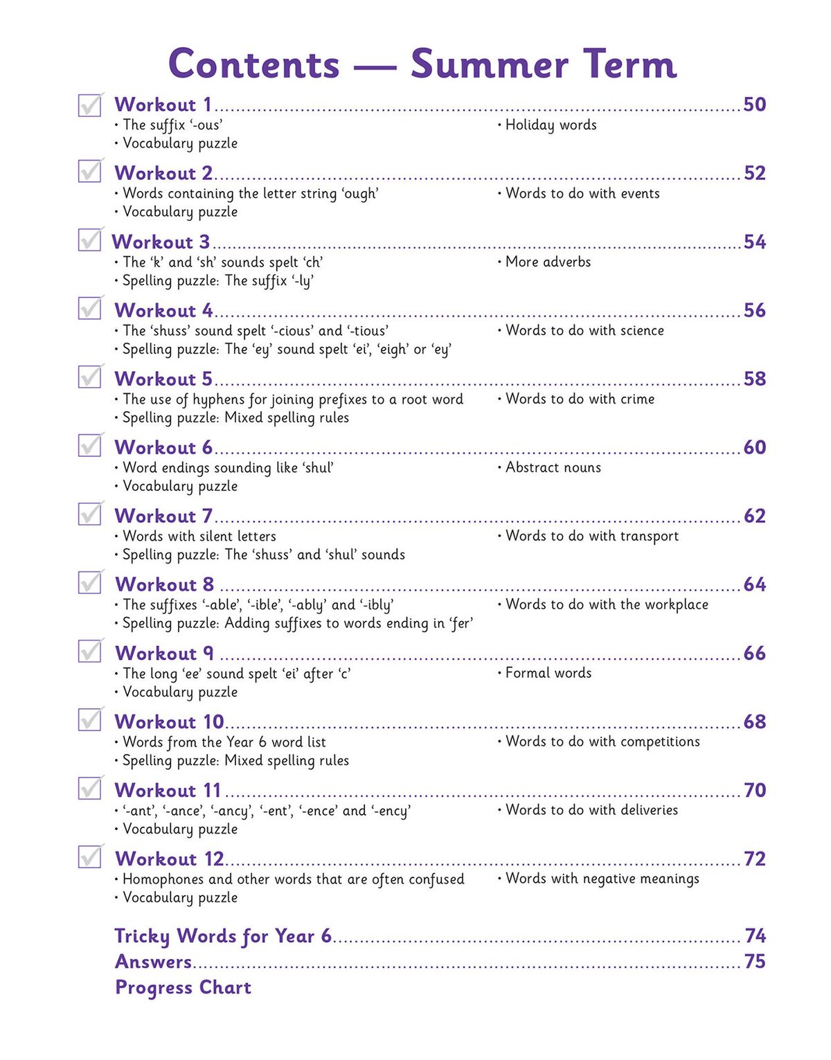 Contents page for summer term workouts listing spelling rules and vocabulary themes