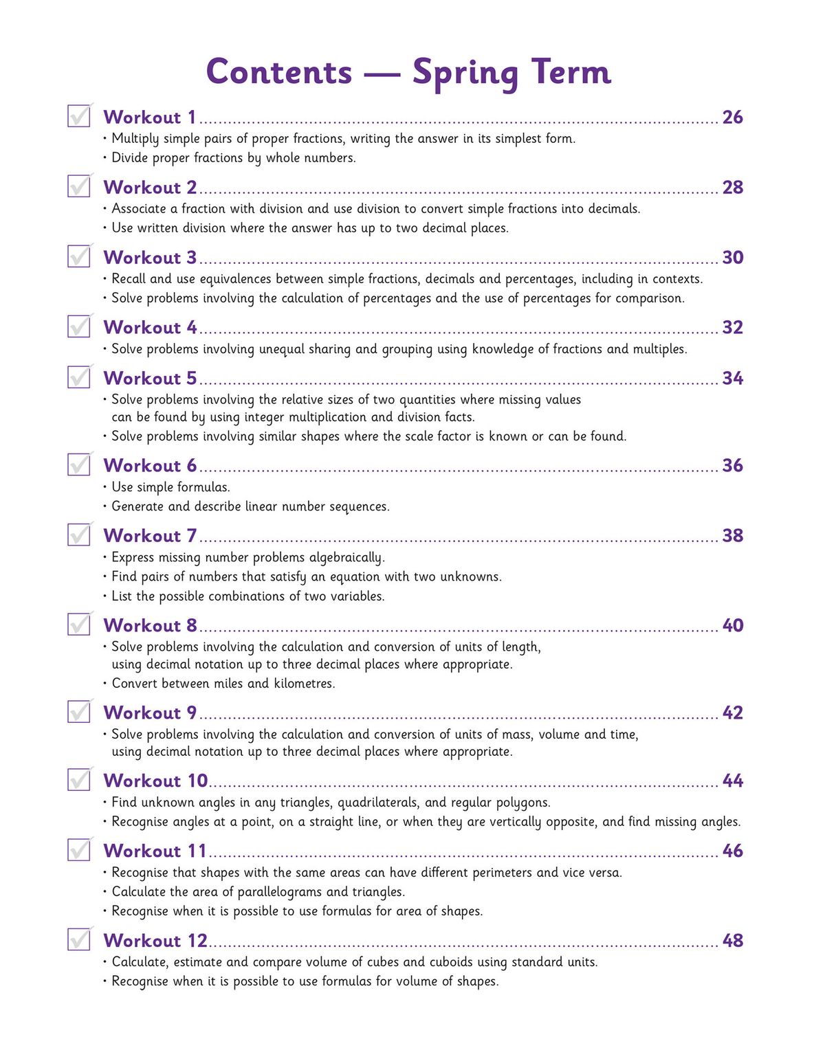 Contents page showing Spring Term workouts with detailed topic breakdowns