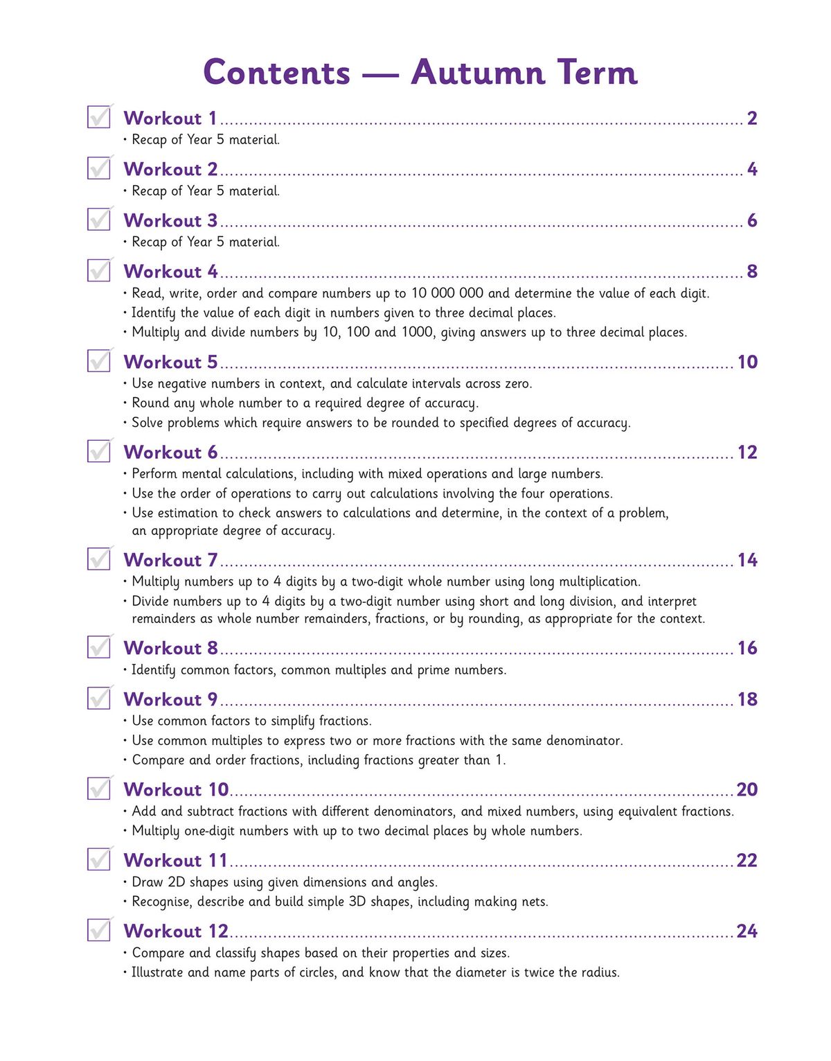 Contents page showing Autumn Term workouts covering place value, operations and shape topics
