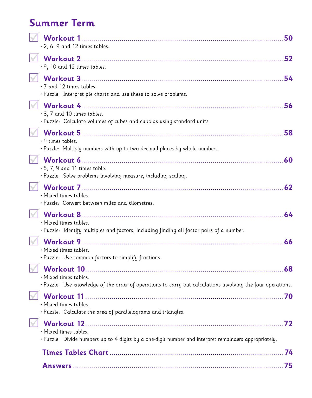 Contents page showing weekly workouts for Summer Term