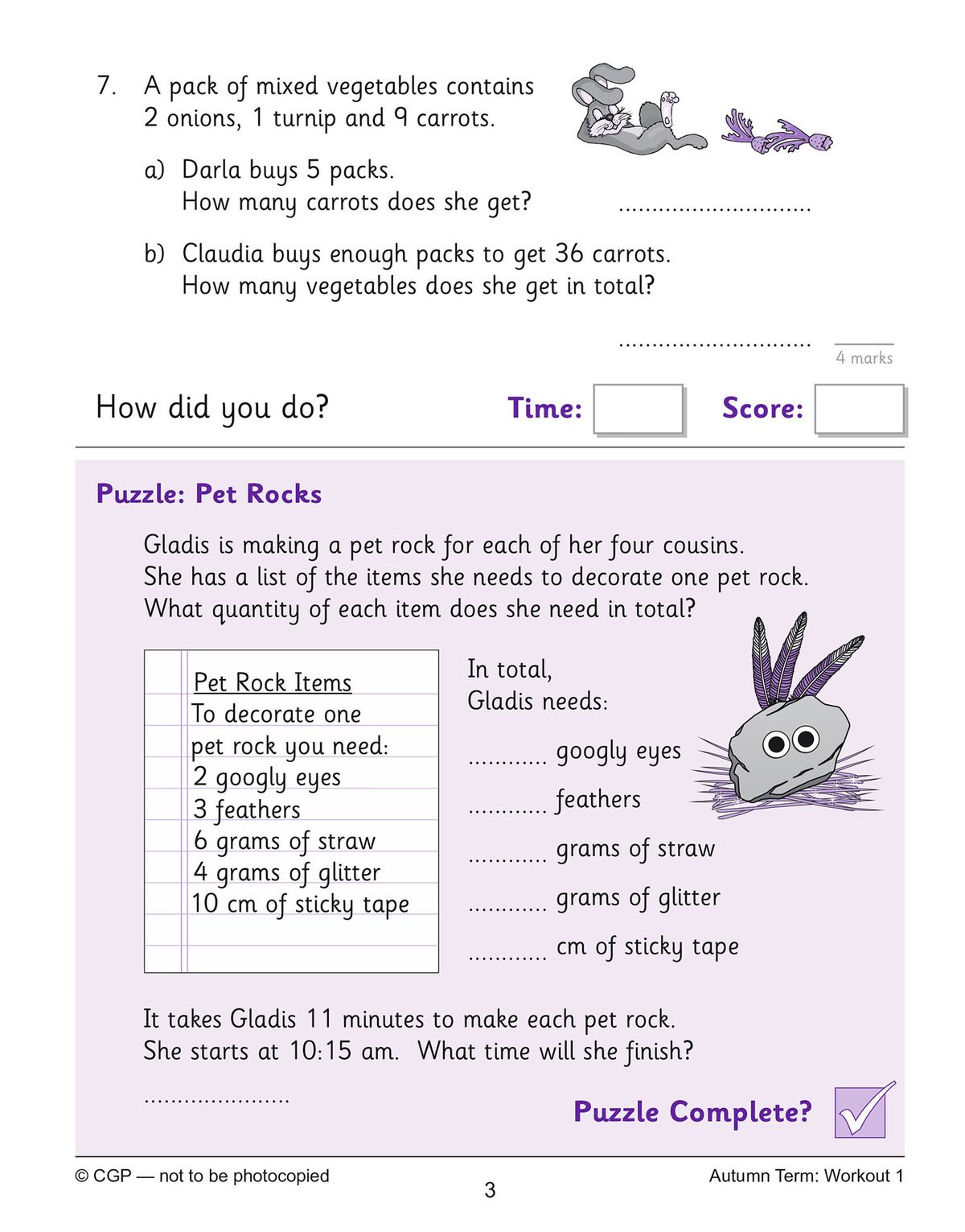 Sample workout page with word problems and puzzle