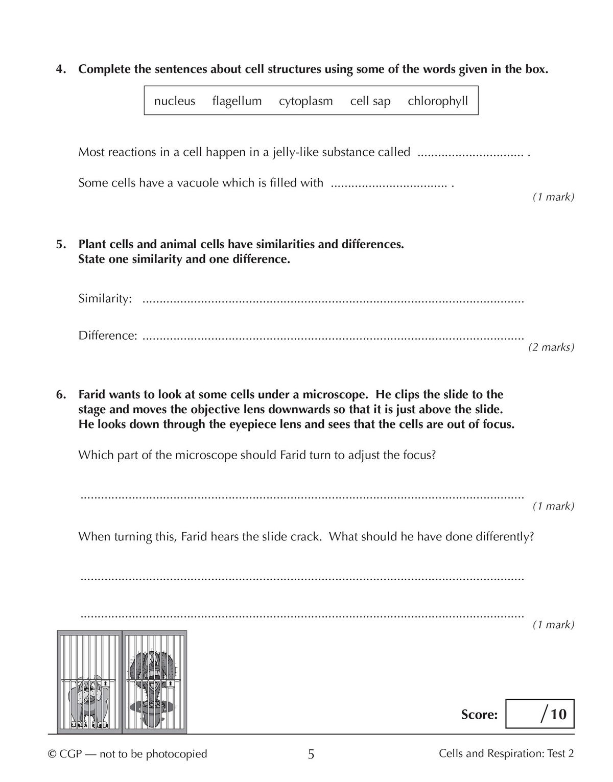 Sample test page showing cell structure questions with diagrams