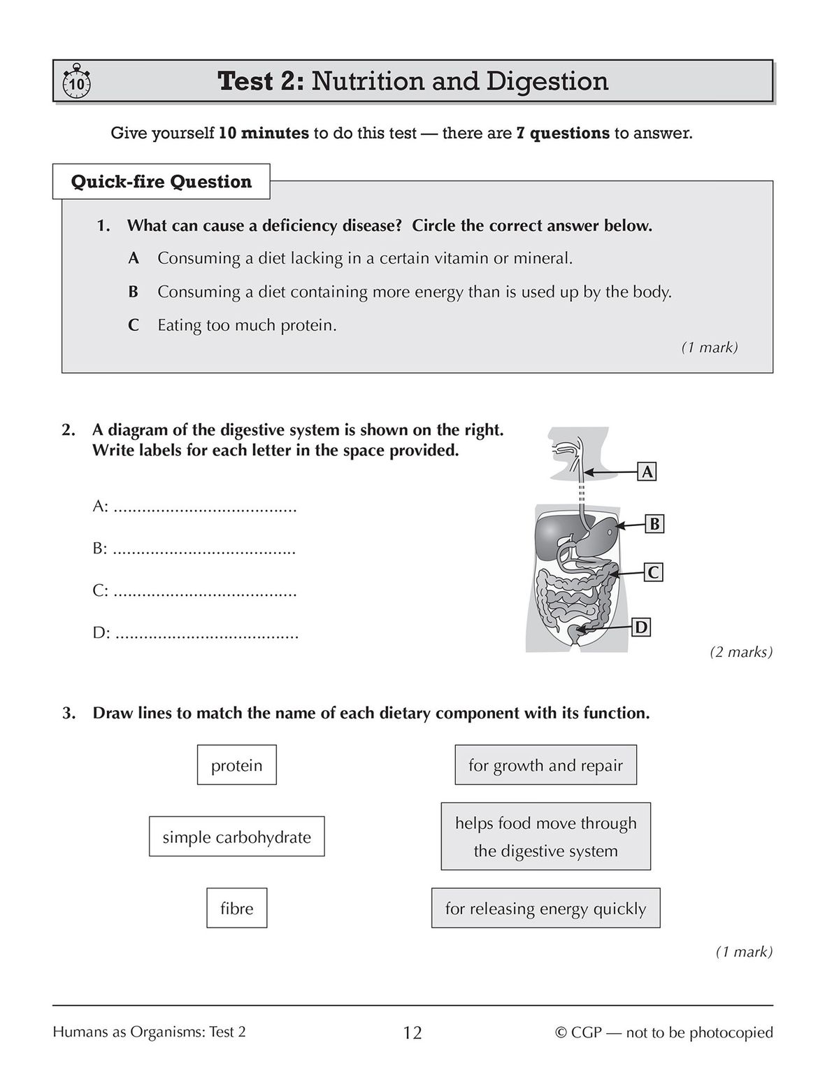 Test page on nutrition and digestion with diagram labelling and matching tasks