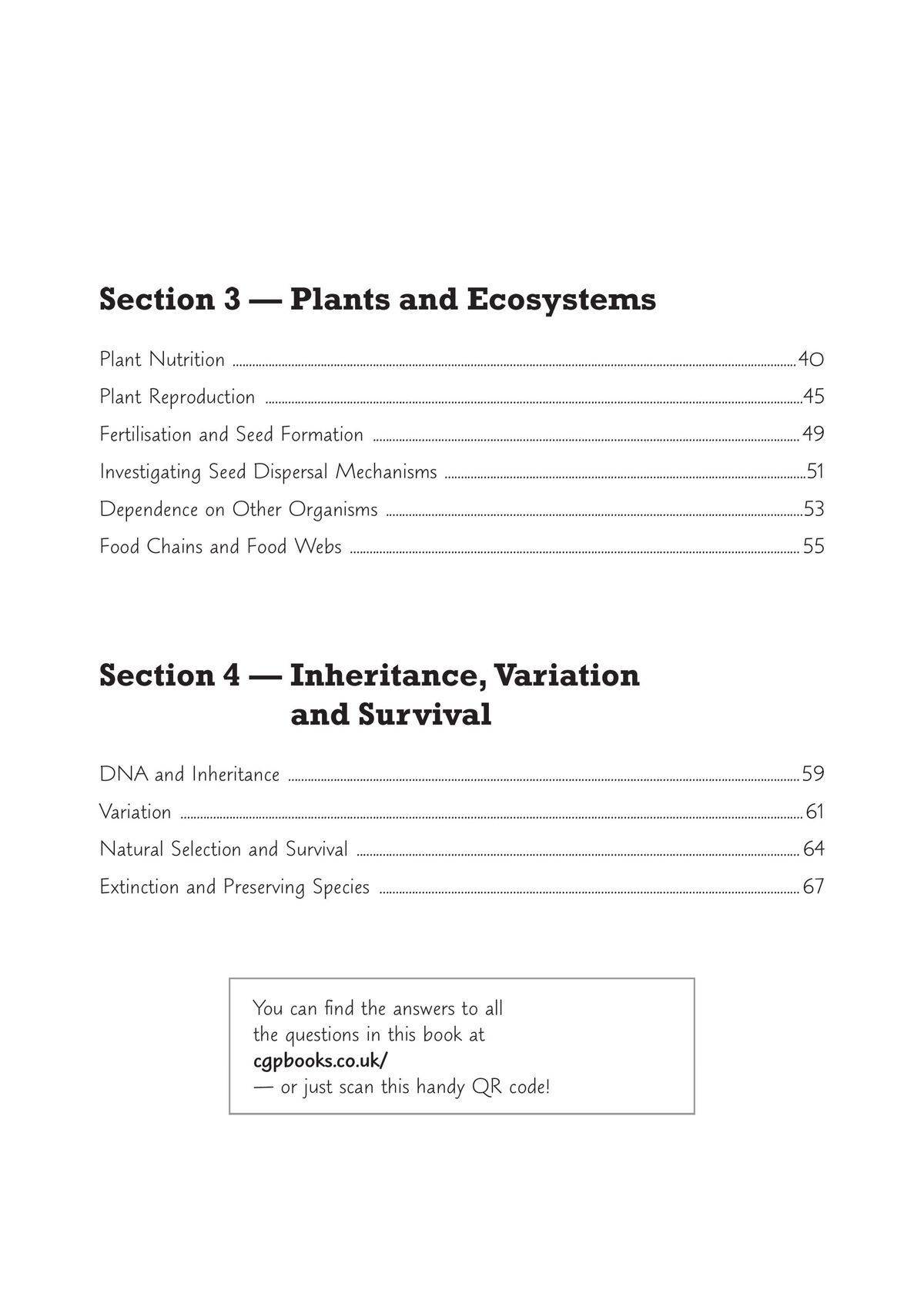 Contents page showing the four main sections of the KS3 Biology Workbook