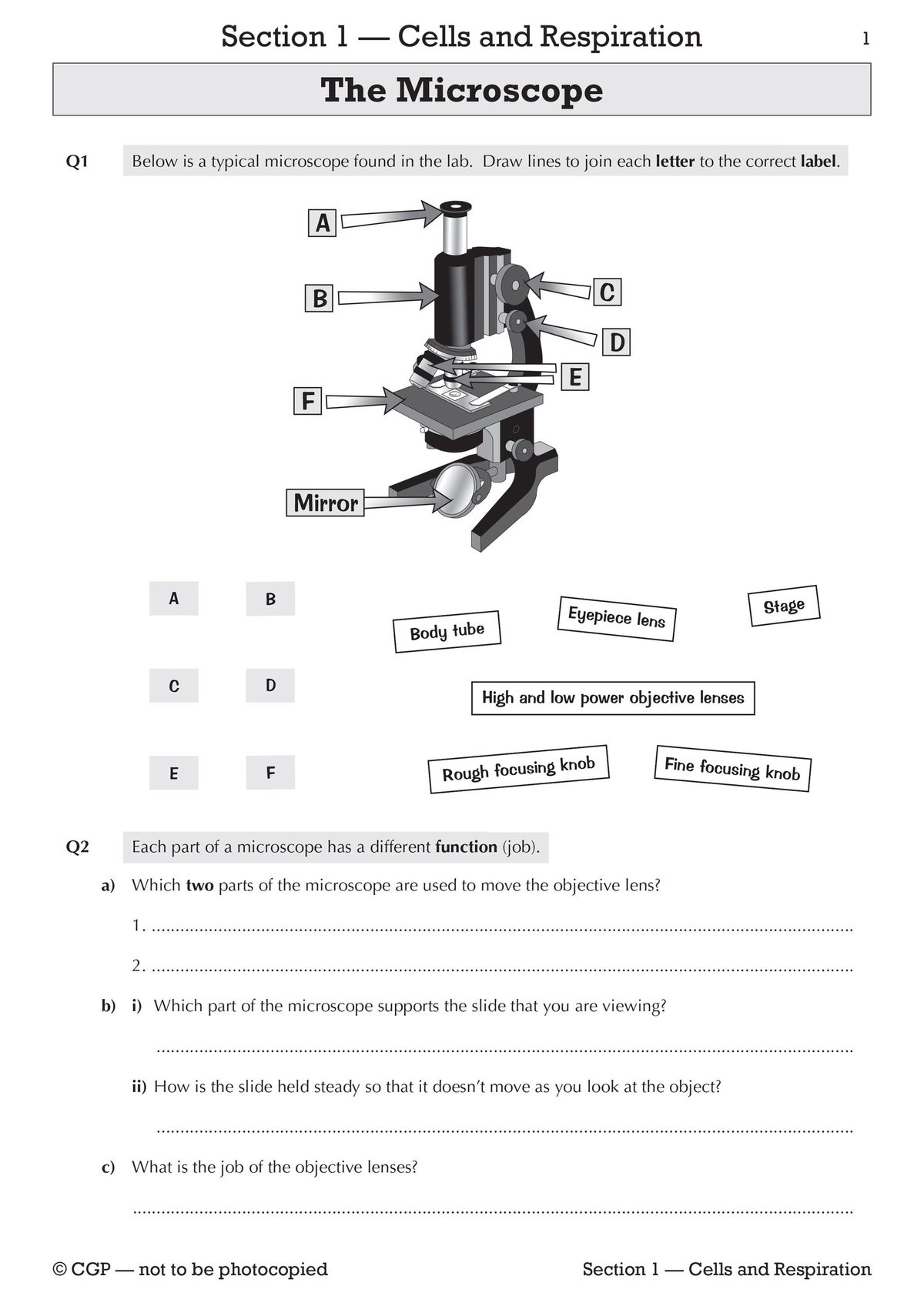 Sample workbook page showing a microscope labelling task and function questions