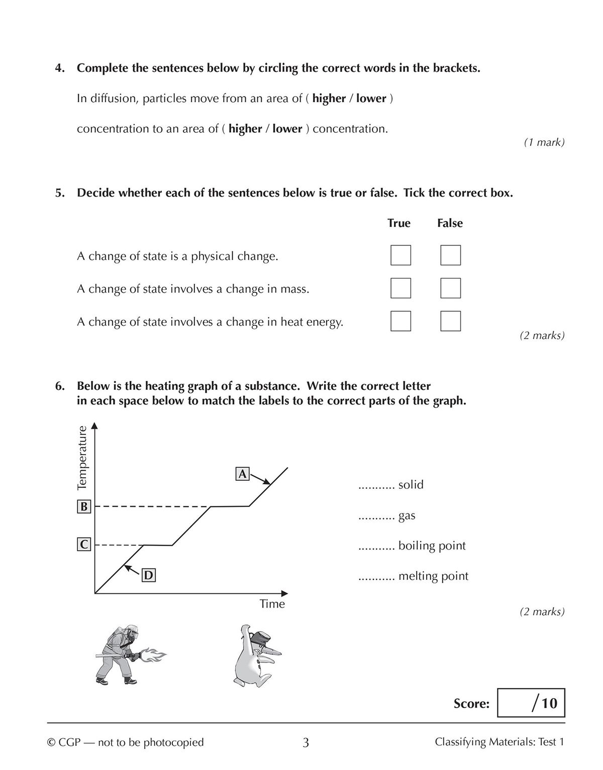 Inside page showing a 10-minute Chemistry test on classifying materials with diagrams and question layout