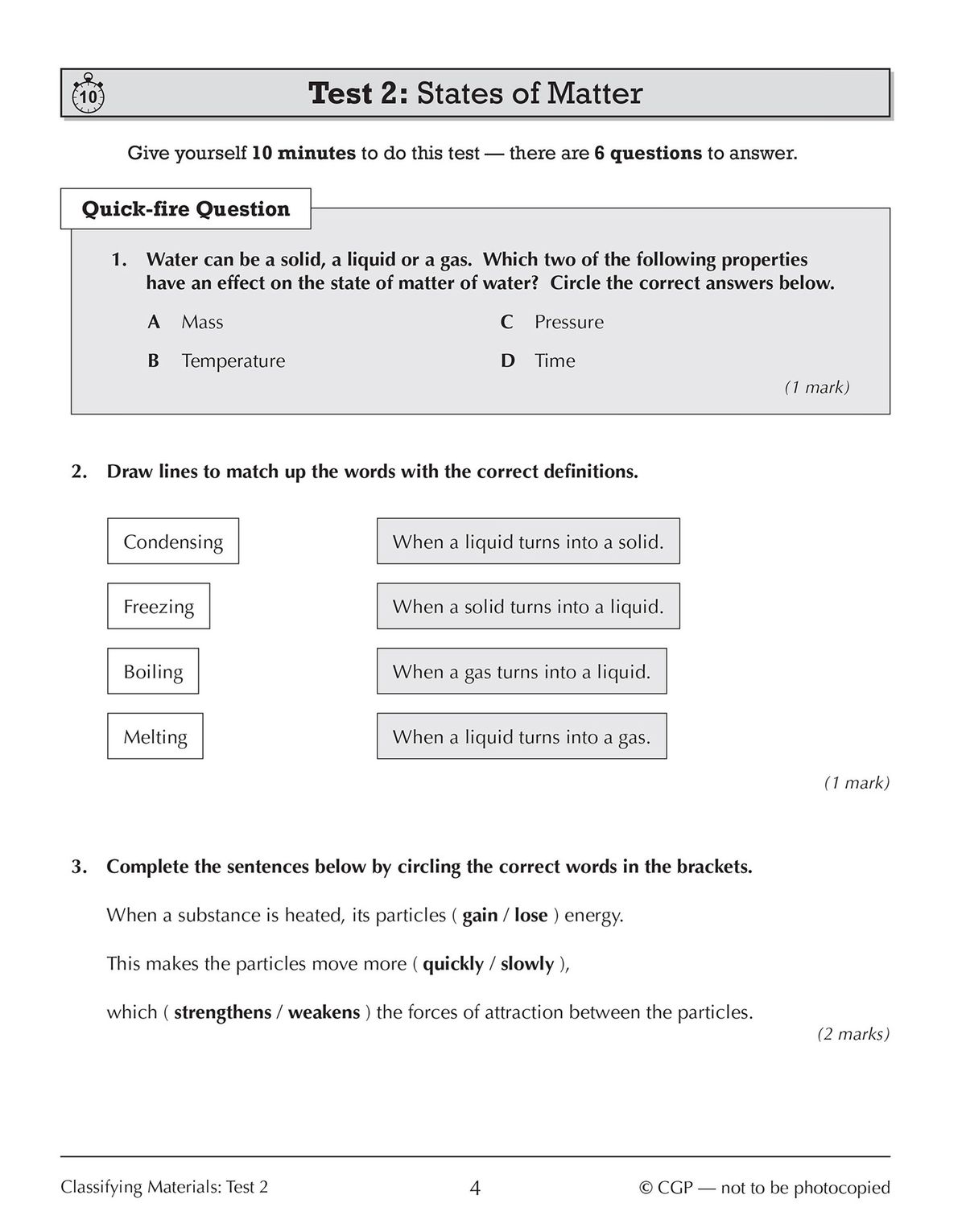 Sample test page showing States of Matter questions
