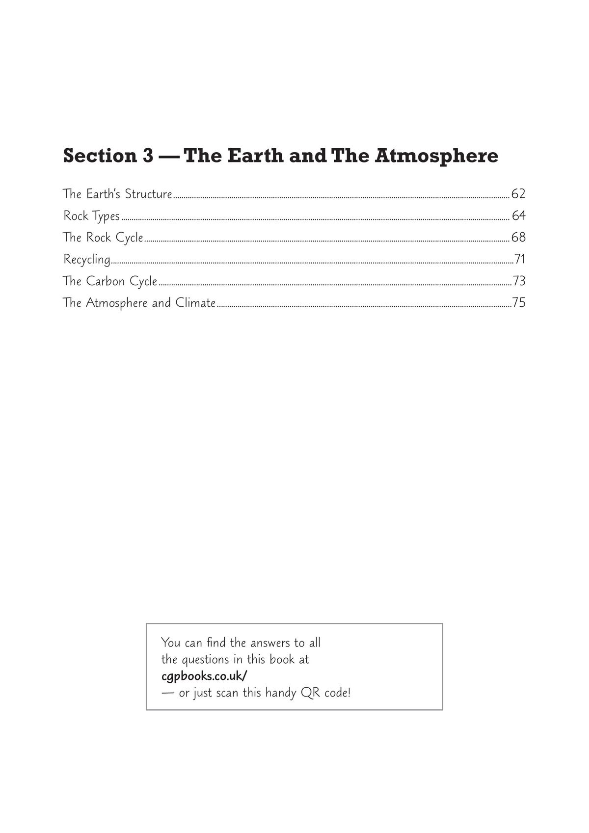 Table of contents showing Section 3: The Earth and The Atmosphere with topics including The Earth's Structure, Rock Types, The Rock Cycle, Recycling, The Carbon Cycle, and The Atmosphere and Climate