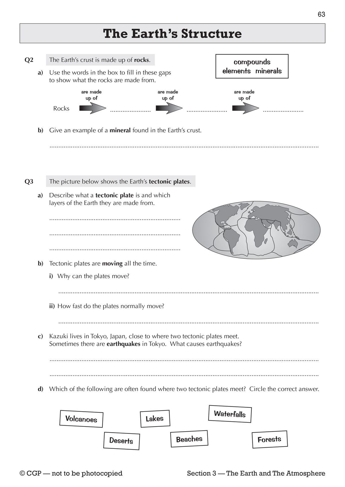 Sample workbook page showing The Earth's Structure with questions about rocks, minerals, compounds, elements, tectonic plates, earthquakes and volcanoes, including diagrams and fill-in-the-blank exercises