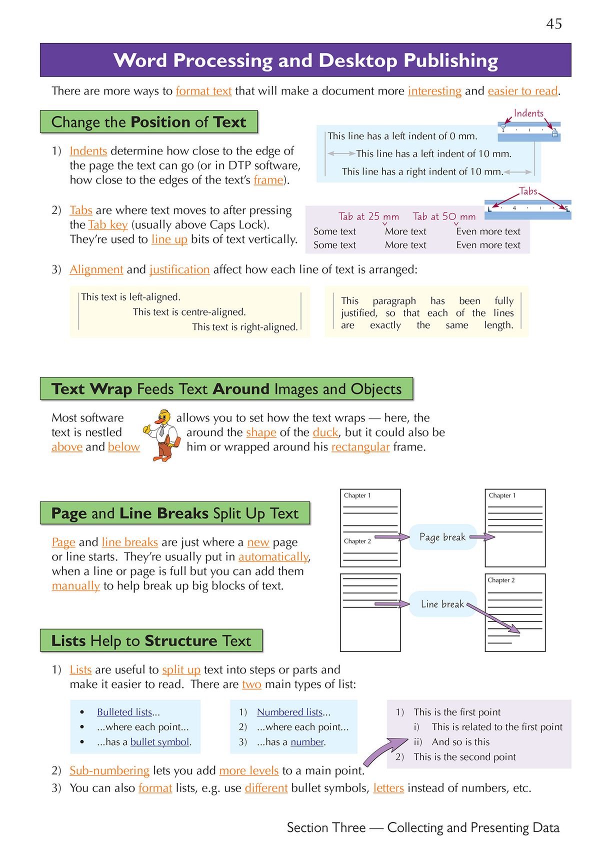 Word processing and desktop publishing page showing text formatting features