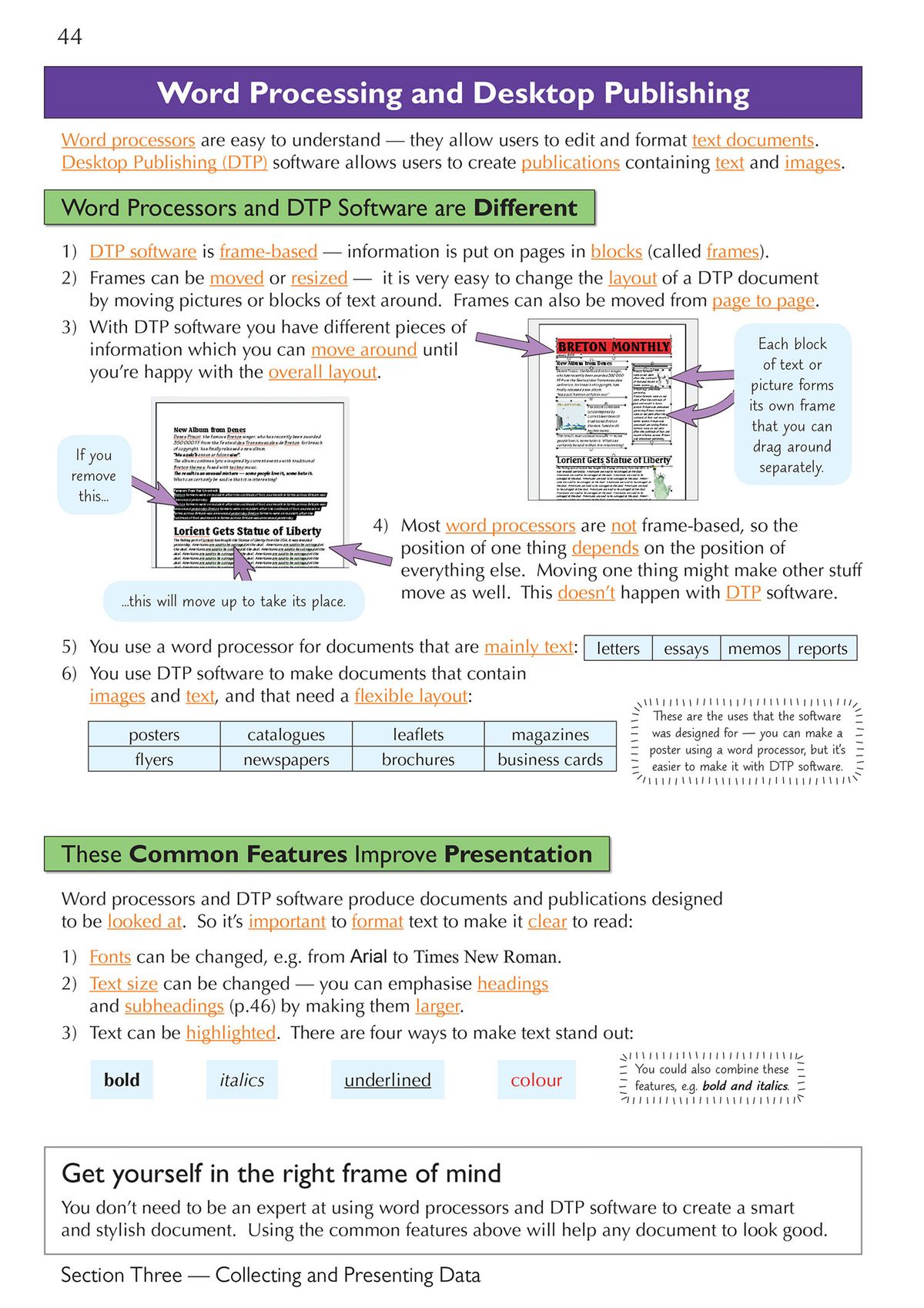 Additional word processing features page covering position of text, lists, and page breaks