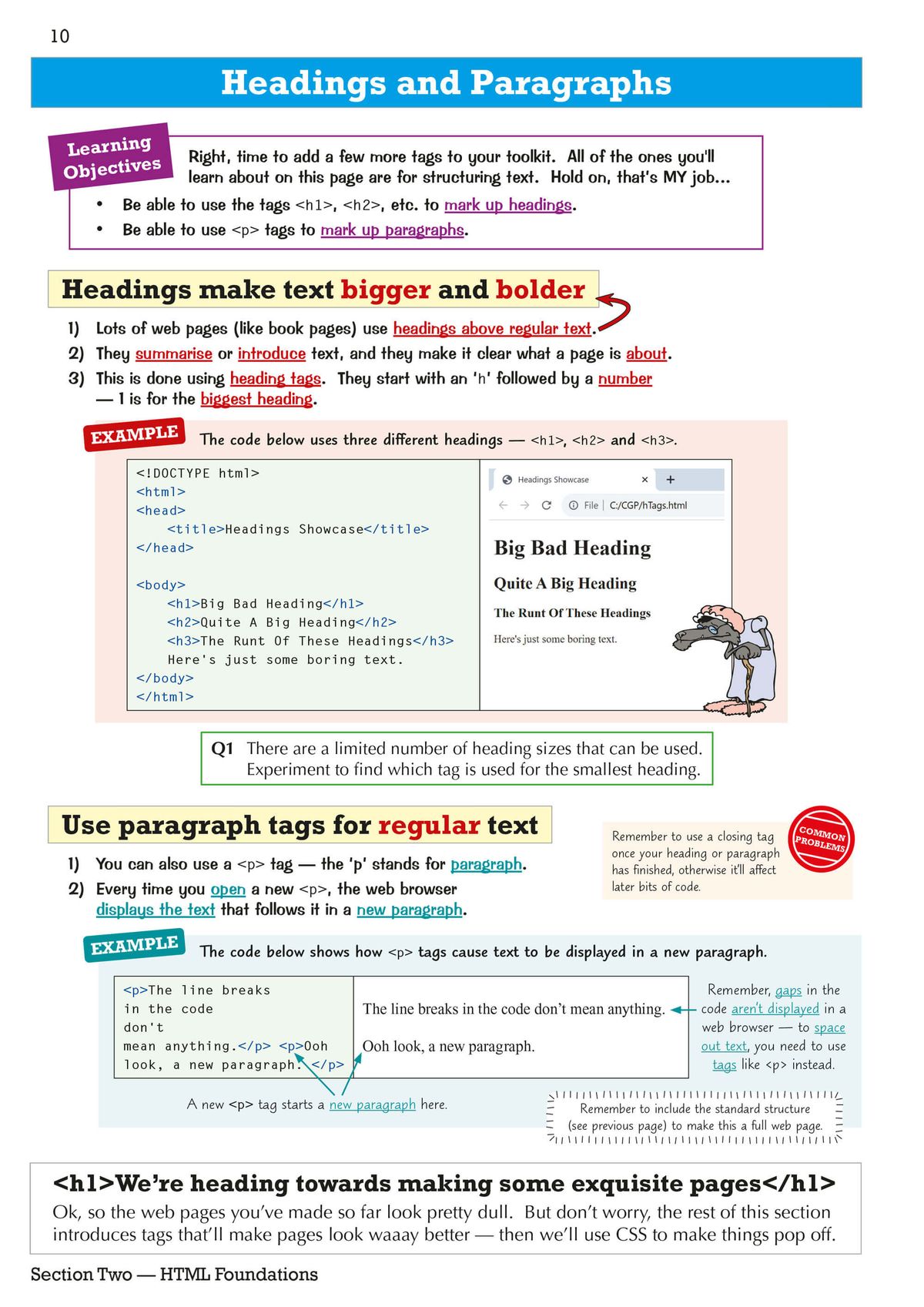 Sample page demonstrating HTML headings and paragraphs with code examples and browser output