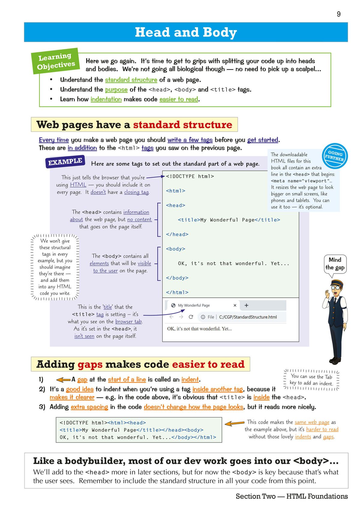 Sample page showing HTML head and body structure with learning objectives and coding examples