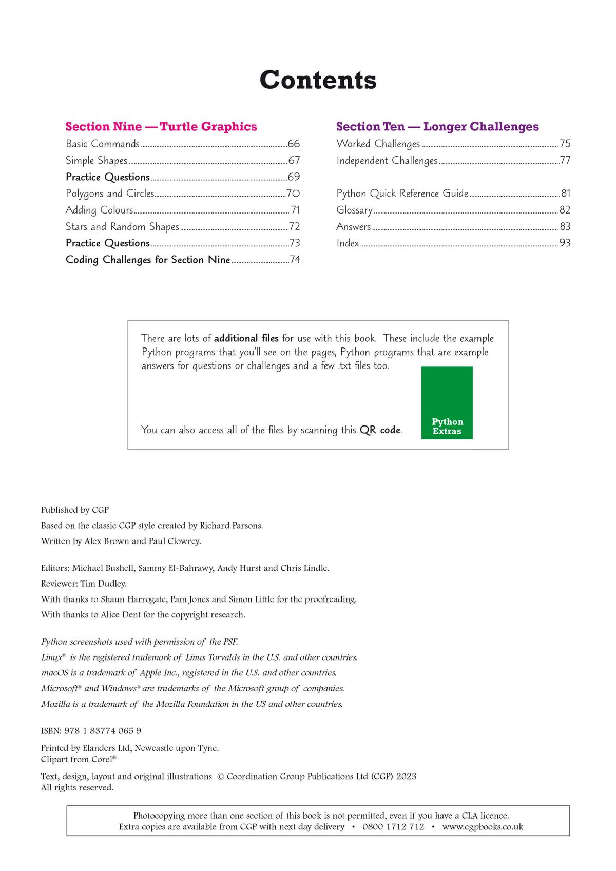 Contents page listing sections including Turtle Graphics, coding challenges, and additional Python files