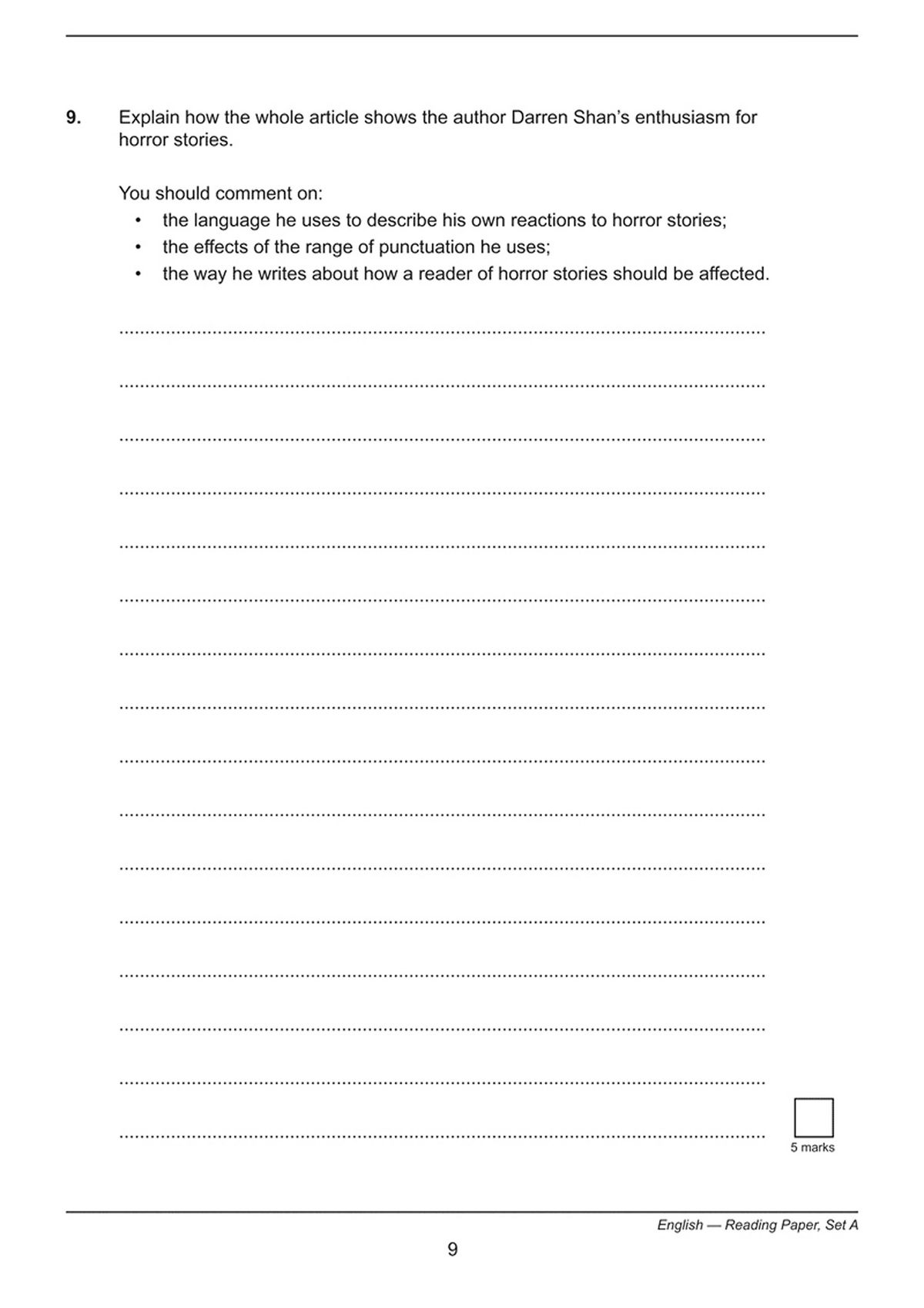 Sample reading comprehension questions from the practice papers