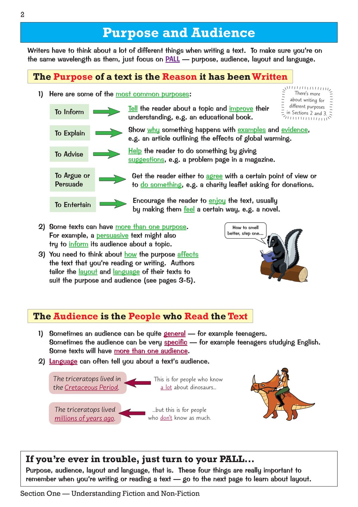 Purpose and audience page from KS3 English Study Book showing PALL framework