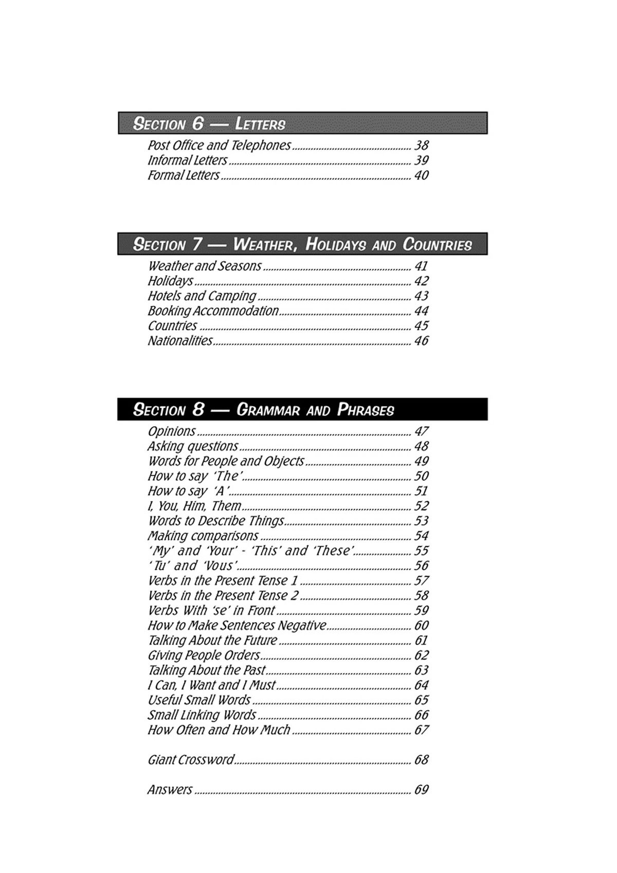 Contents page showing comprehensive topic coverage including letters, weather, holidays, grammar and phrases