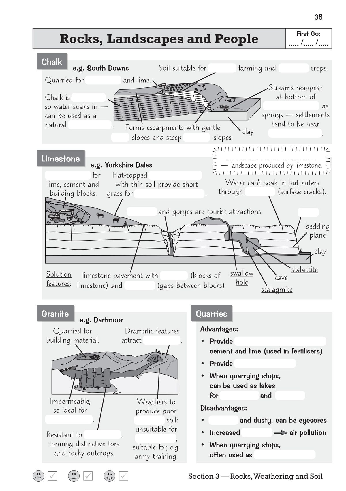 Sample page showing fill-in-the-blank retrieval tasks on rocks, landscapes and people