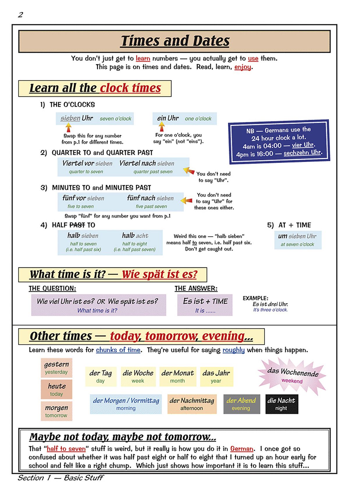 Further sample pages demonstrating German time expressions and grammar explanations with humorous notes