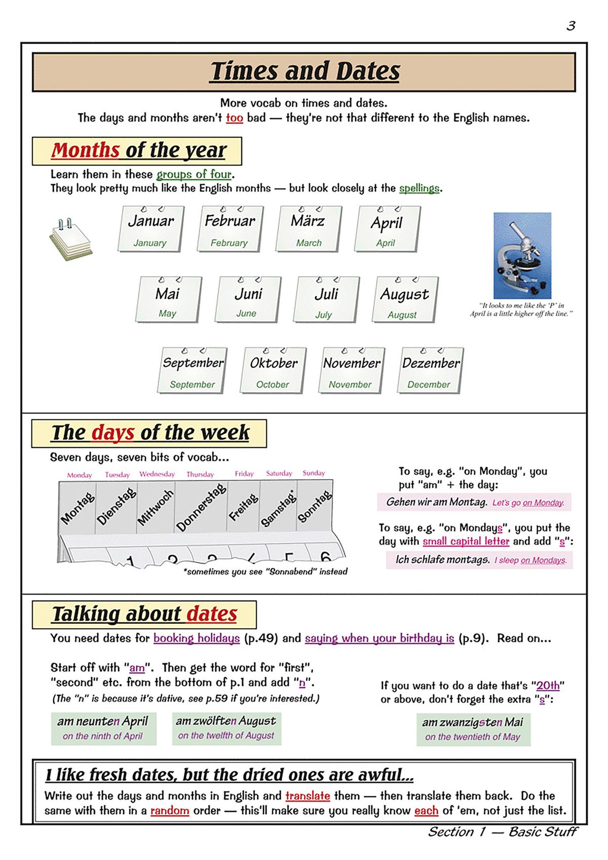 Sample pages showing times and dates vocabulary in German with English translations and practical examples
