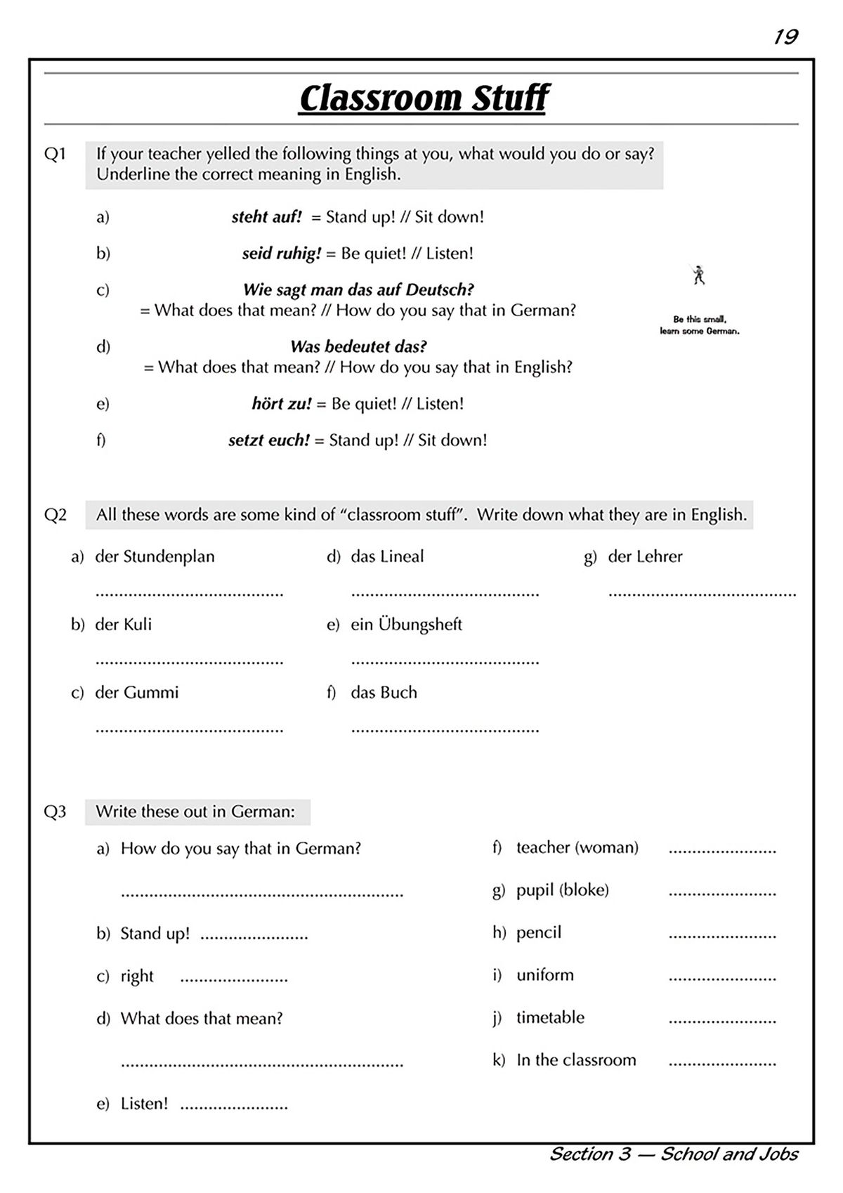 Workbook contents page listing all German topics covered