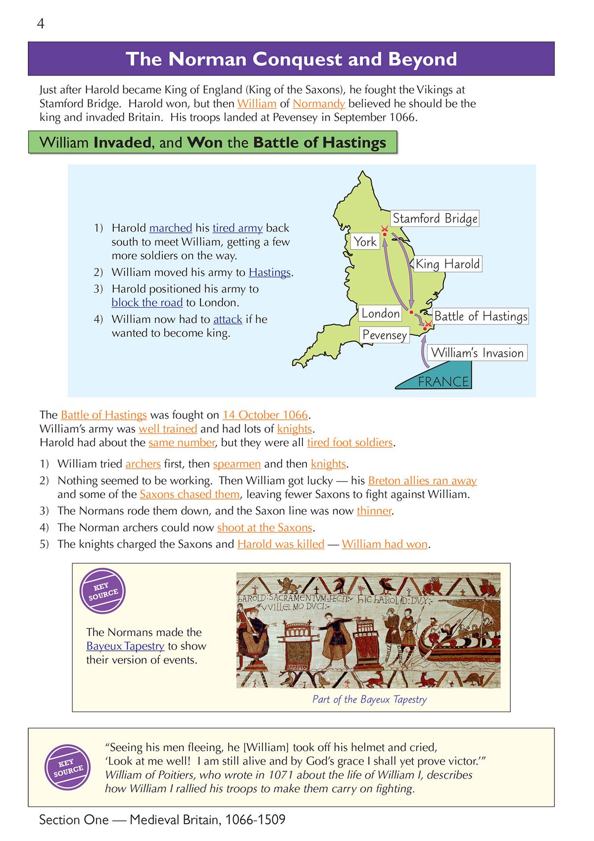 Sample page showing the Norman Conquest and the Battle of Hastings with maps, timeline and key facts