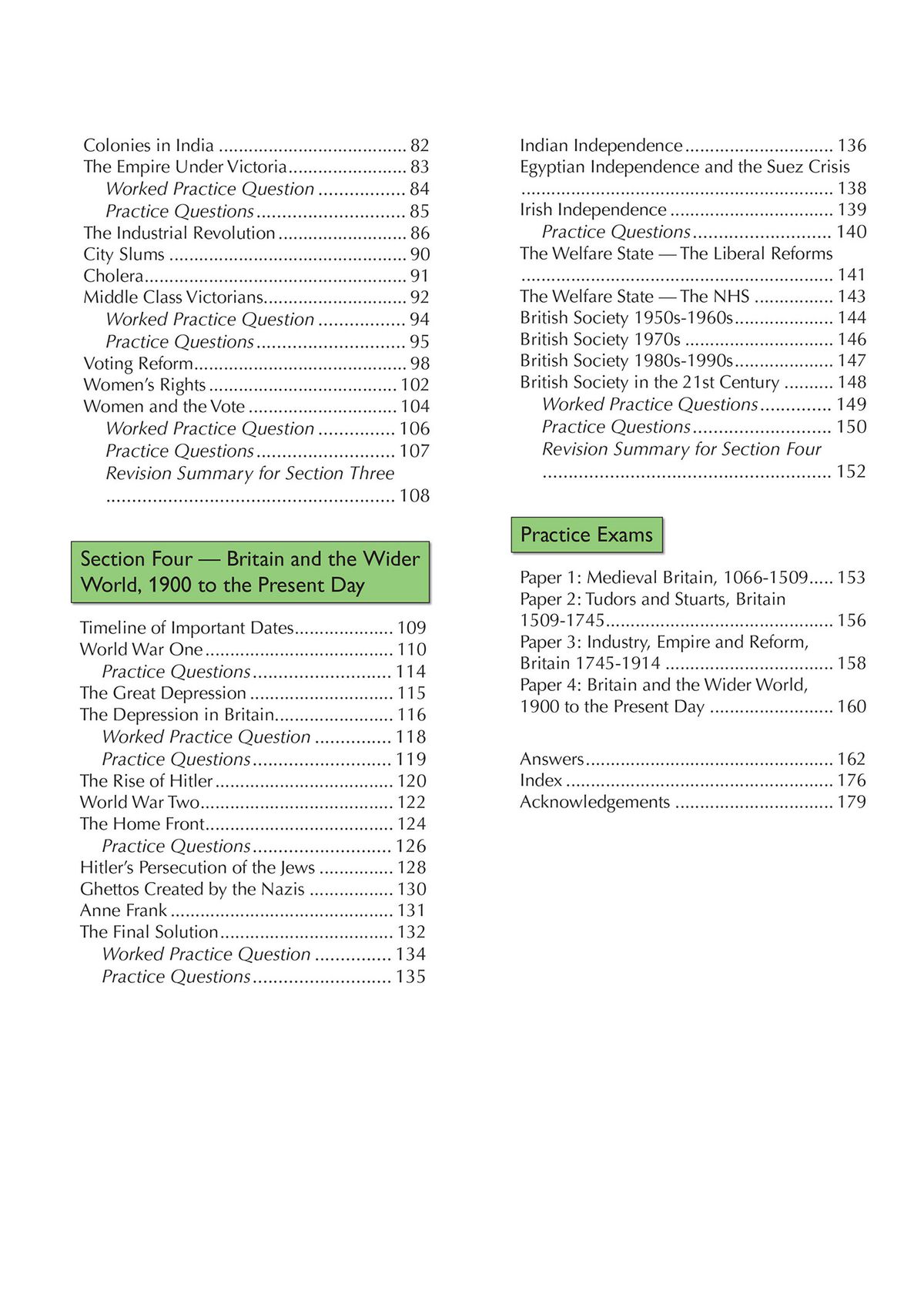 Contents page showing the four main sections and practice exam papers included