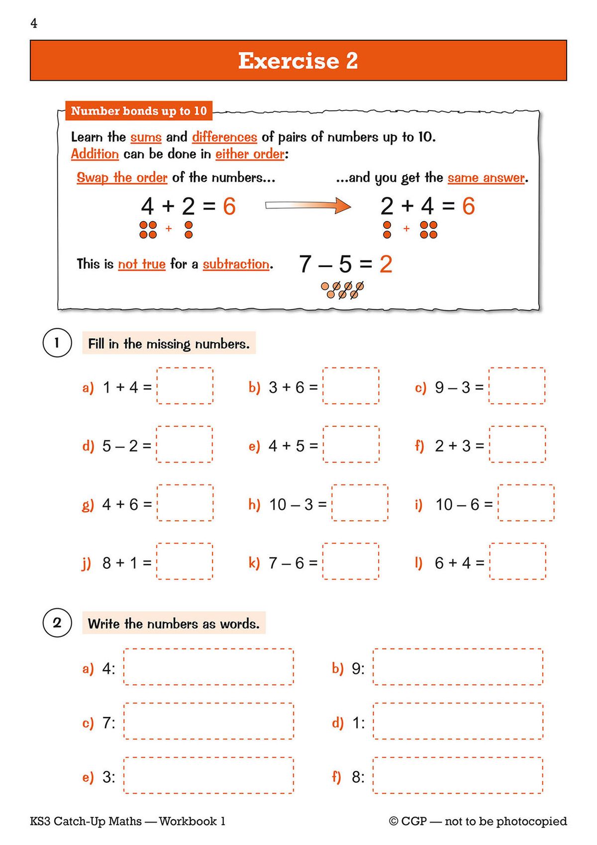 Sample exercise page showing number bonds and addition practice