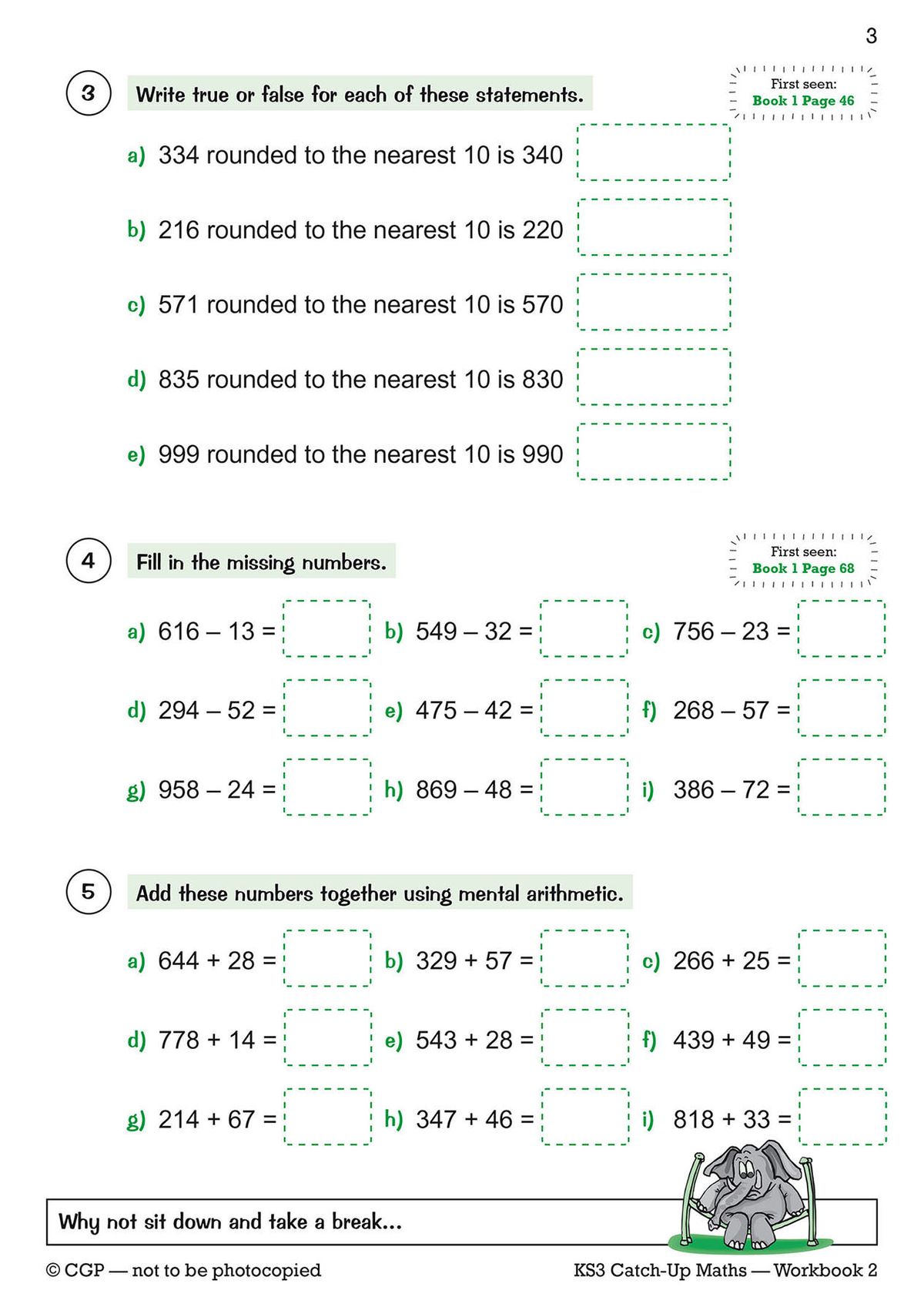Sample exercise pages showing mental arithmetic and rounding questions