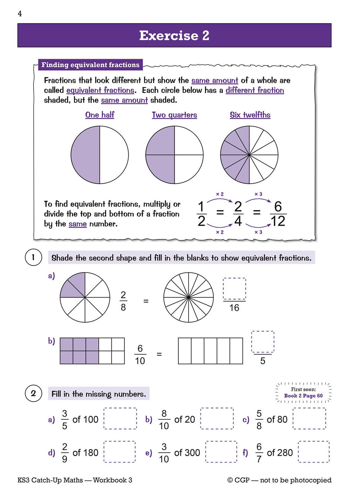Sample exercise showing equivalent fractions with visual diagrams and practice questions
